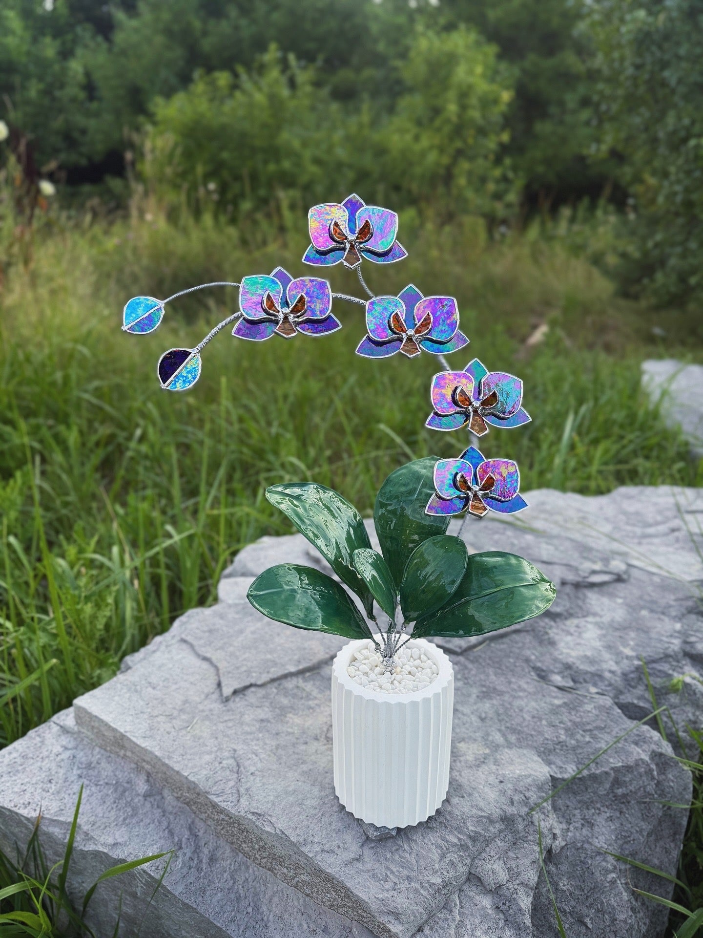 .Amethyst indigo Orchid, WITH RESIN LEAVES, 5 Flowers, Handmade Stained Glass Botanical Art Decor