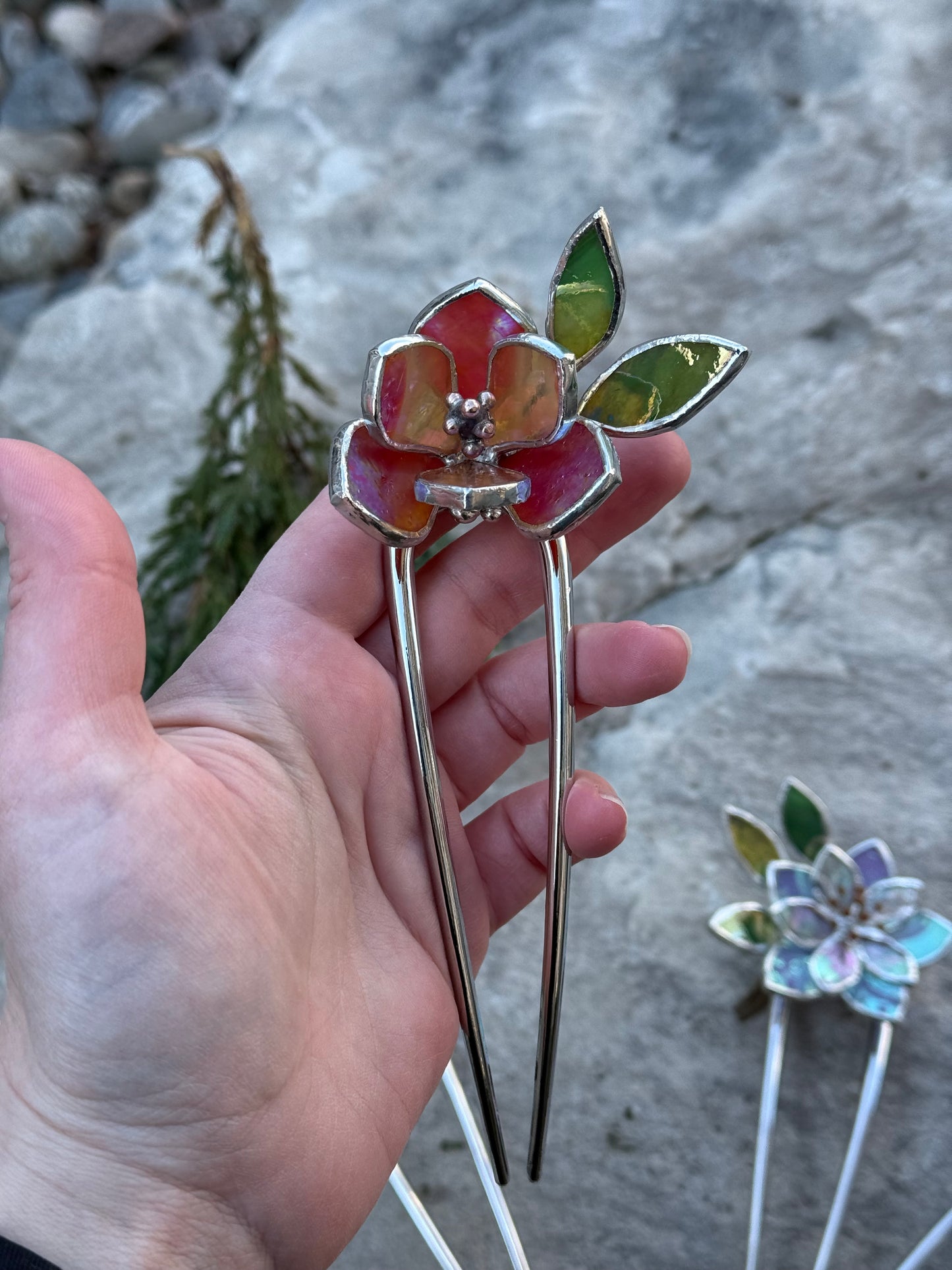 Hair Pin Stained Glass Magnolia Flower CHOOSE COLOR Handmade Floral Accessories