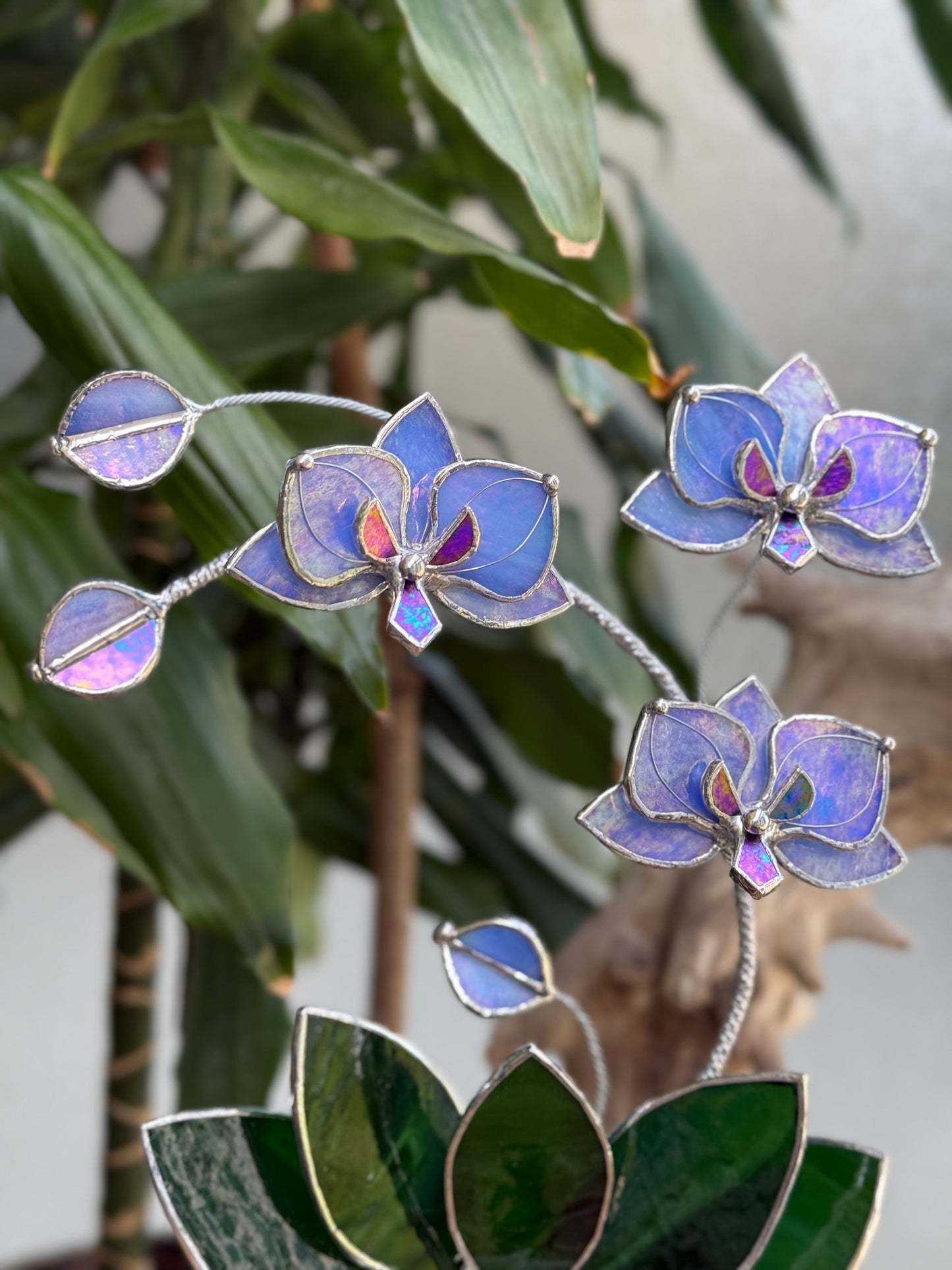 " . Blue lavender iridescent Orchid 3 flowers with pot” Stained glass tropical flower 3D, Sun catcher, Table plant, Garden stick, Outdoor and gardening decor available new