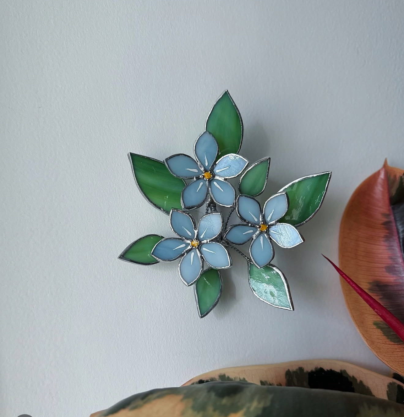.Forget me Not Flower Bouquet Stained Glass Wall Decor, Glass Suncatcher Wall Decor ready
