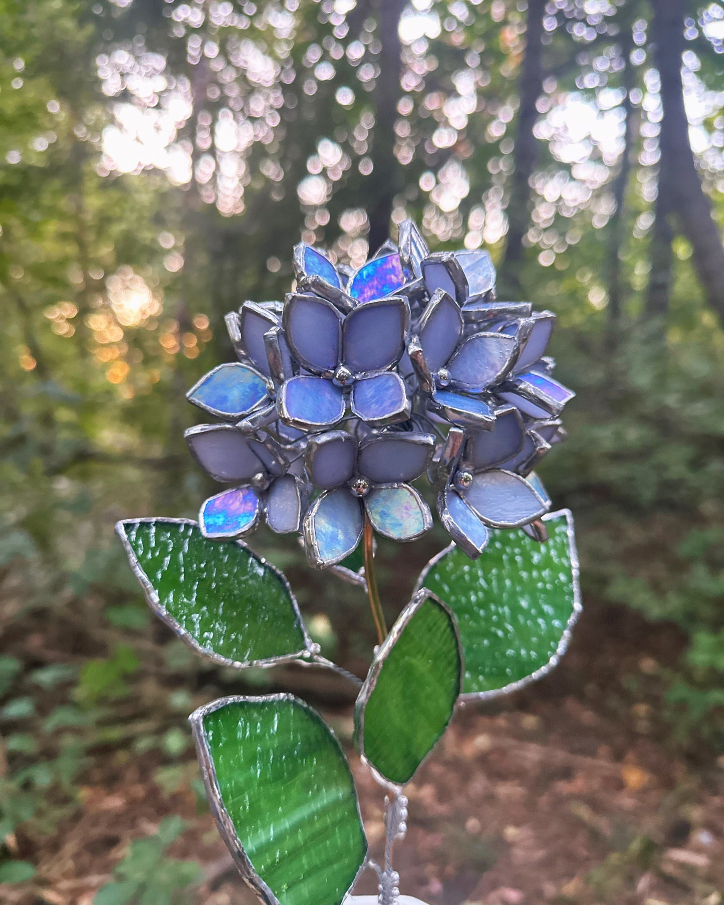 " . Blue lavender Hydrangea bunch iridescent in the pot”, Stained glass tropical flower 3D, Sun catcher, Table plant, Garden stick, Outdoor and gardening decor