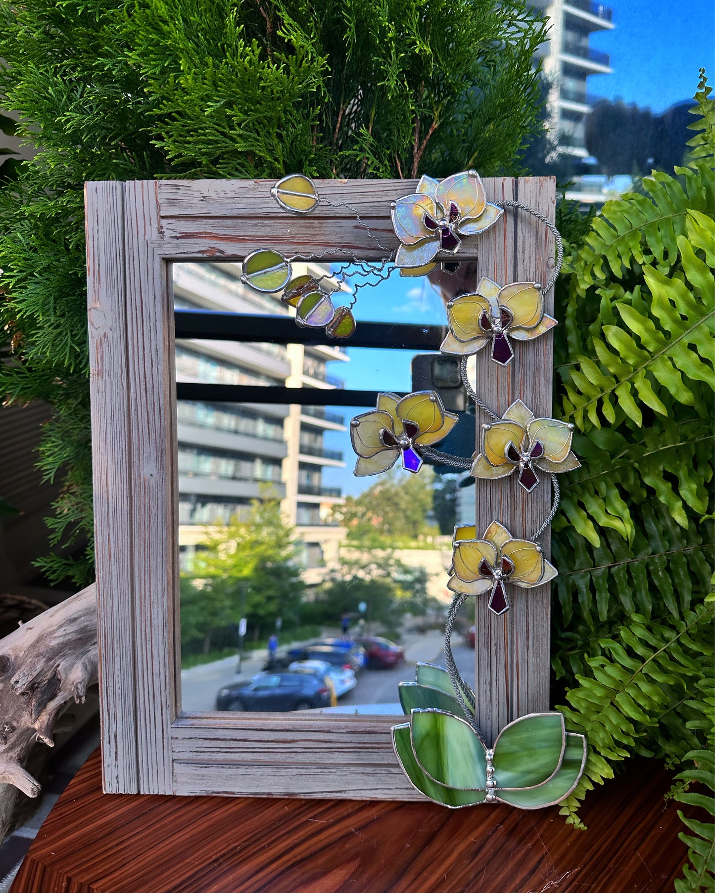 ". Blooming Orchid Yellow iridescent" Stained glass flower Mirror, Wall decor, Wedding, Christmas gift