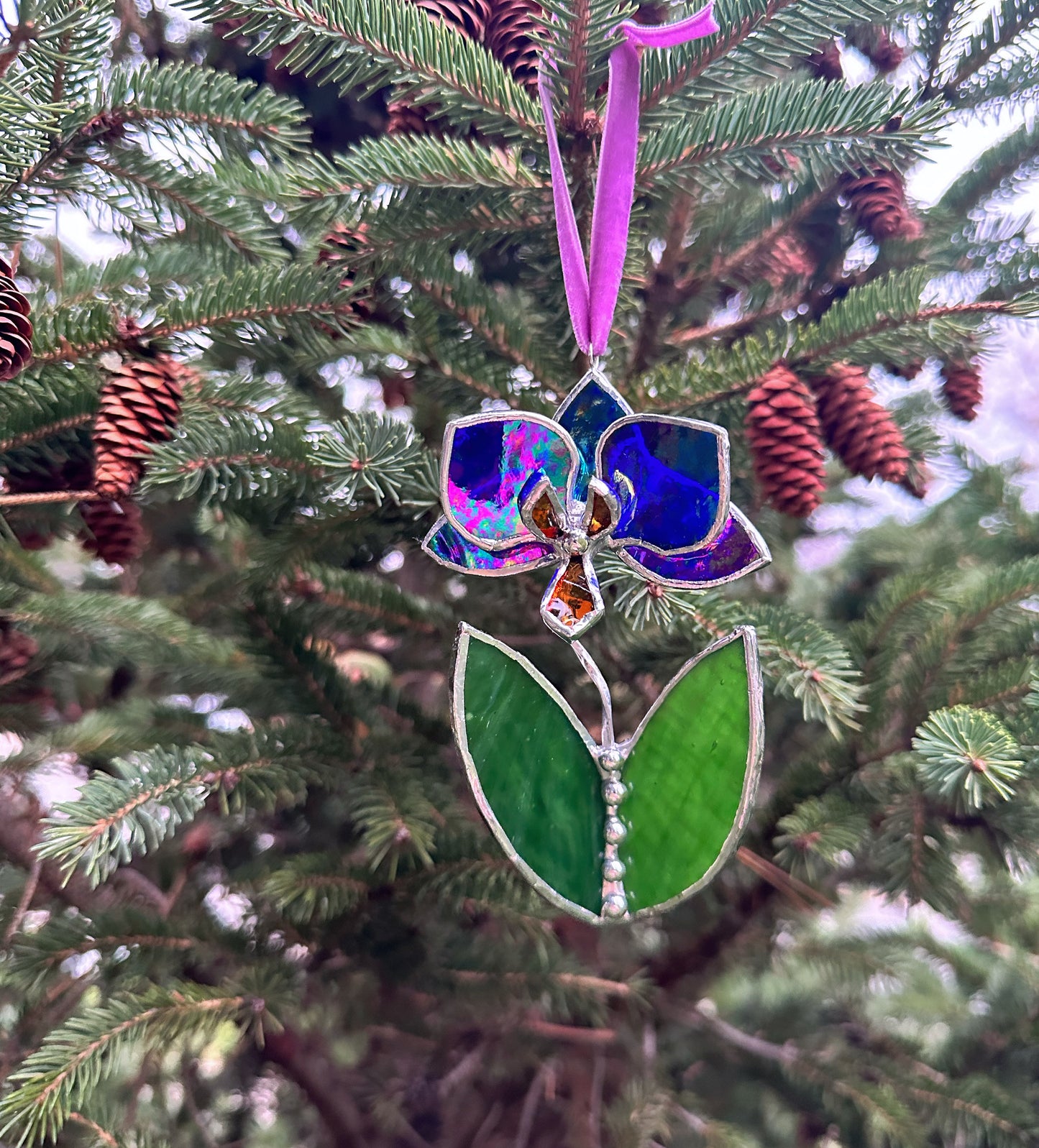 Christmas tree ornament Orchid Indigo Iridescent Set of 1, 3, 5. Stained glass Wall window decor, holiday decorations, lights