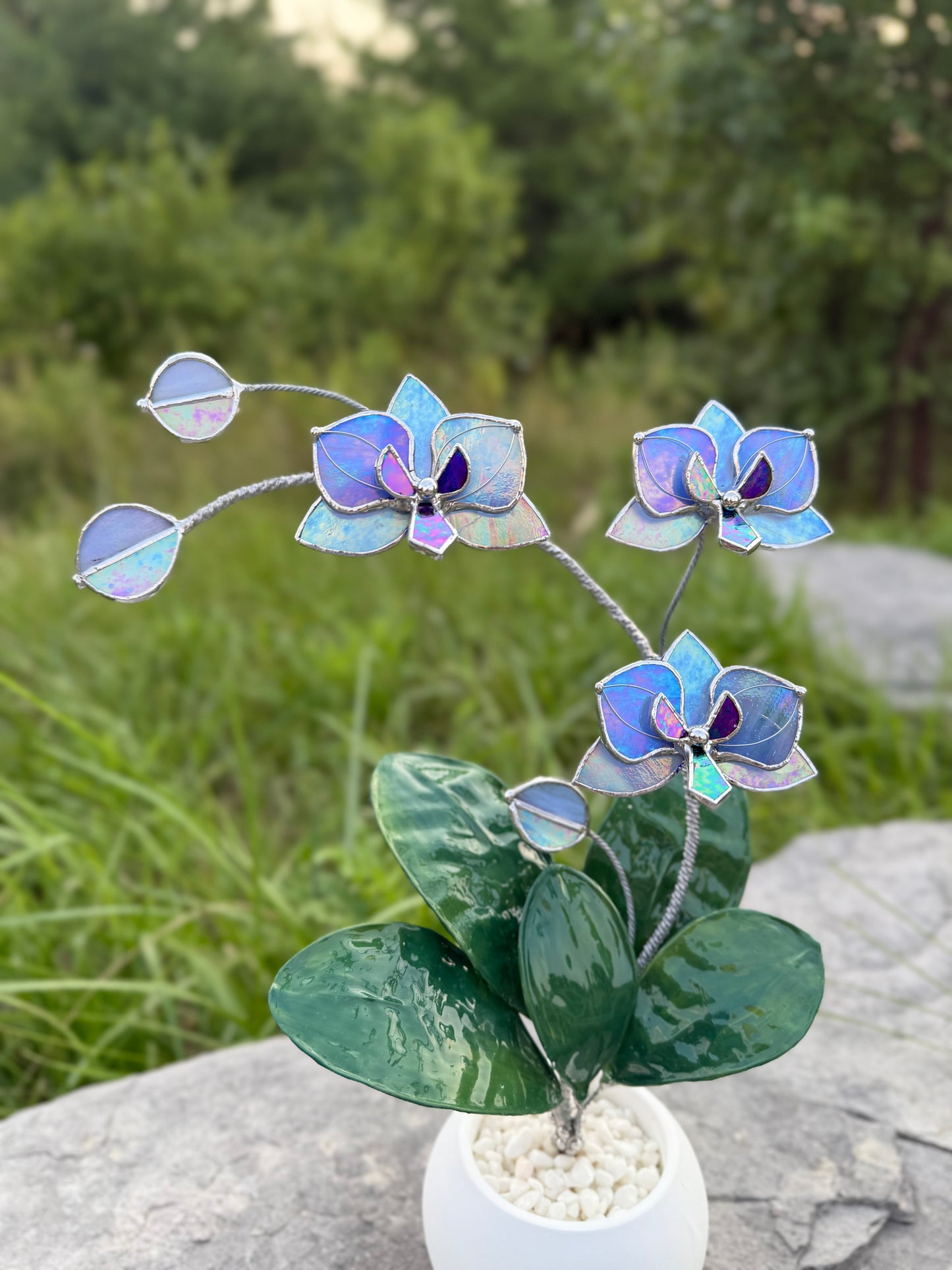 Orchid Lavender Blue Stained Glass WITH Hand Painted RESIN LEAVES, 3 Flowers, Botanical Table Decor