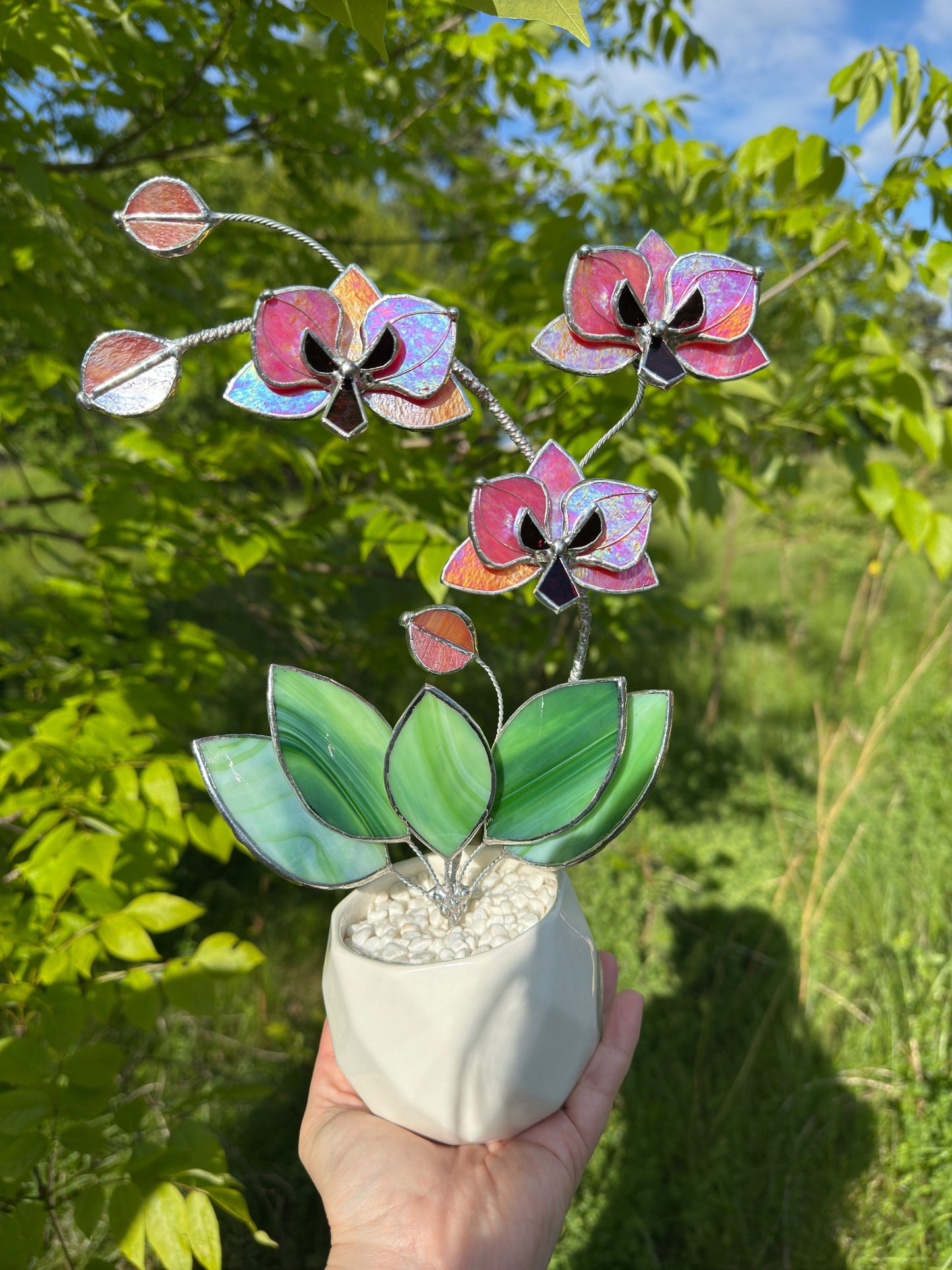 " . Berry red iridescent Orchid 3 flowers with pot” Stained glass tropical flower 3D, Sun catcher, Table plant, Garden stick, Outdoor and gardening decor available new