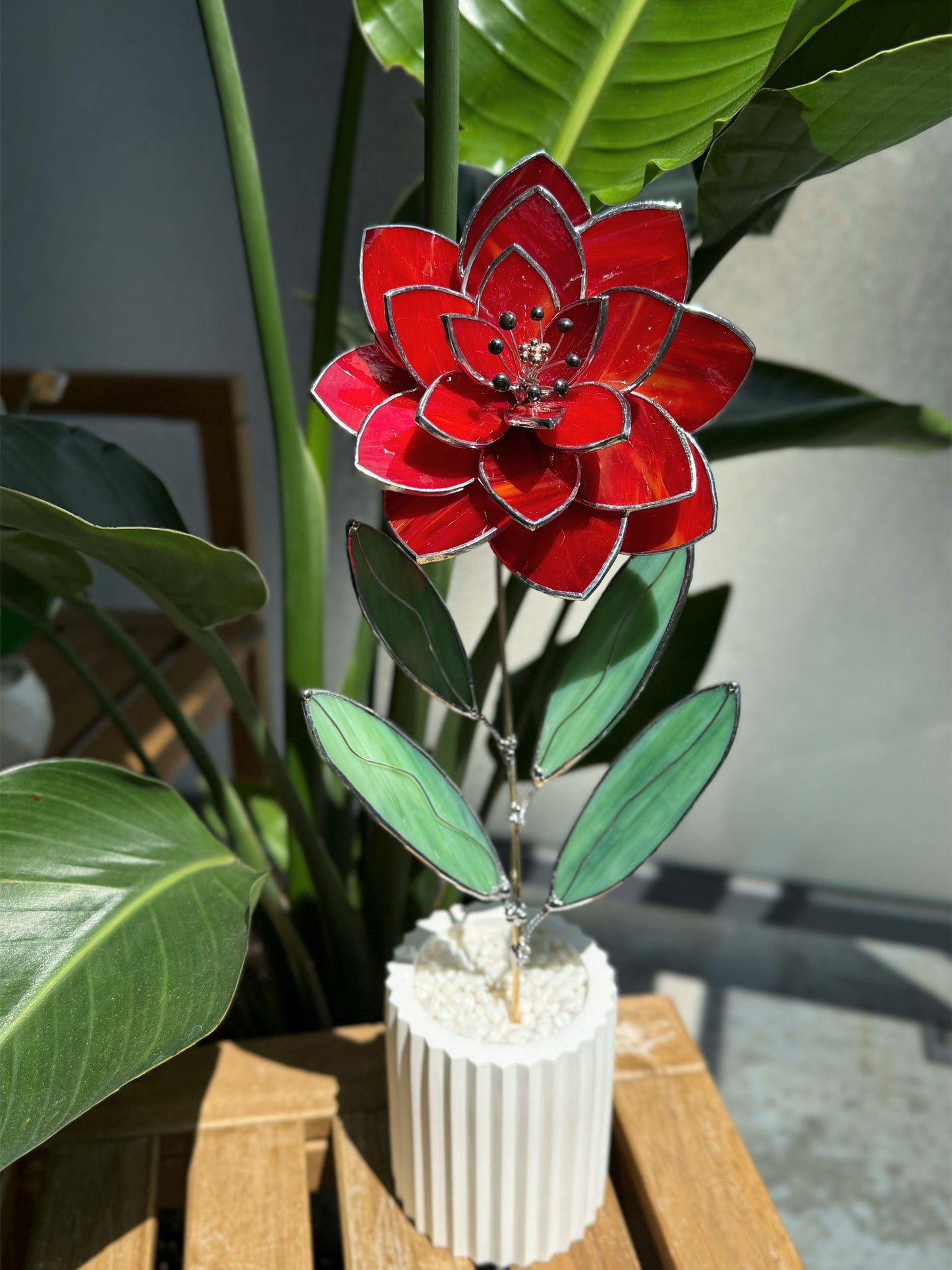 .Amber Red Peony Stained glass flower 3D Botanical Table Plant Decor new