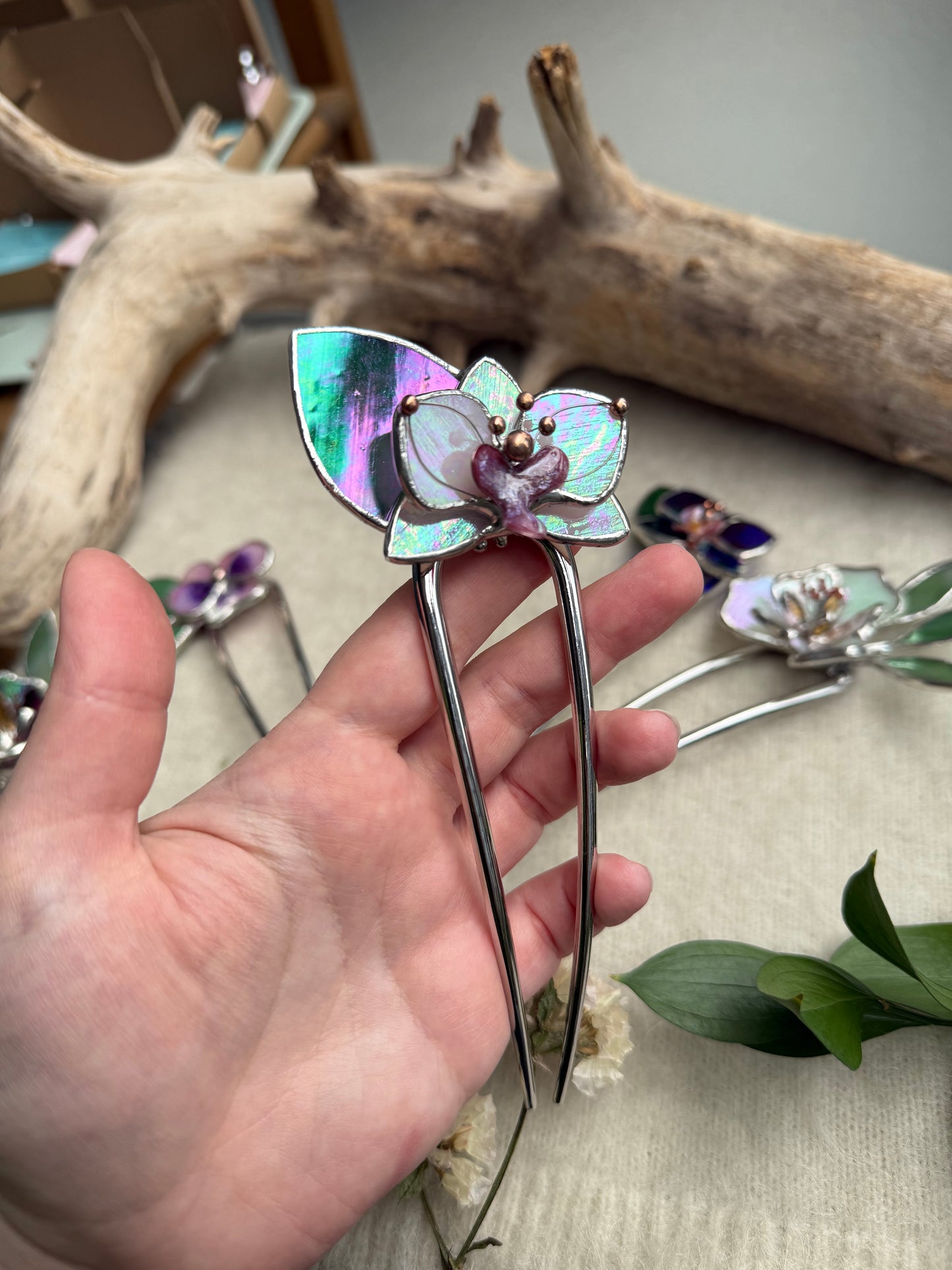 Hair Pin Stained Glass Orchid Flower CHOOSE COLOR Handmade Floral Accessories