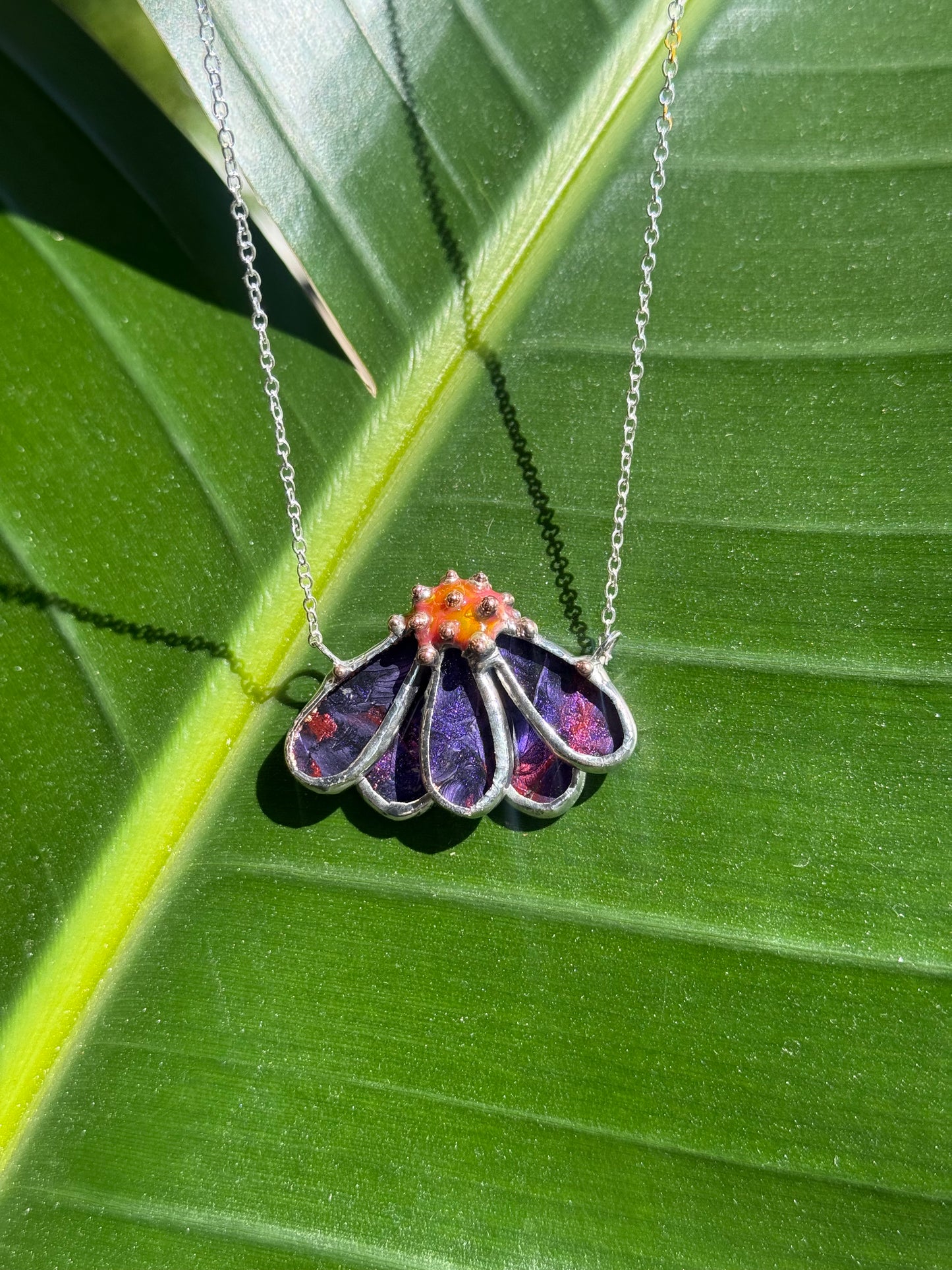 Echinacea Purple & Pink, Stained Glass Necklace or Brooch, Handmade Botanical Jewelry