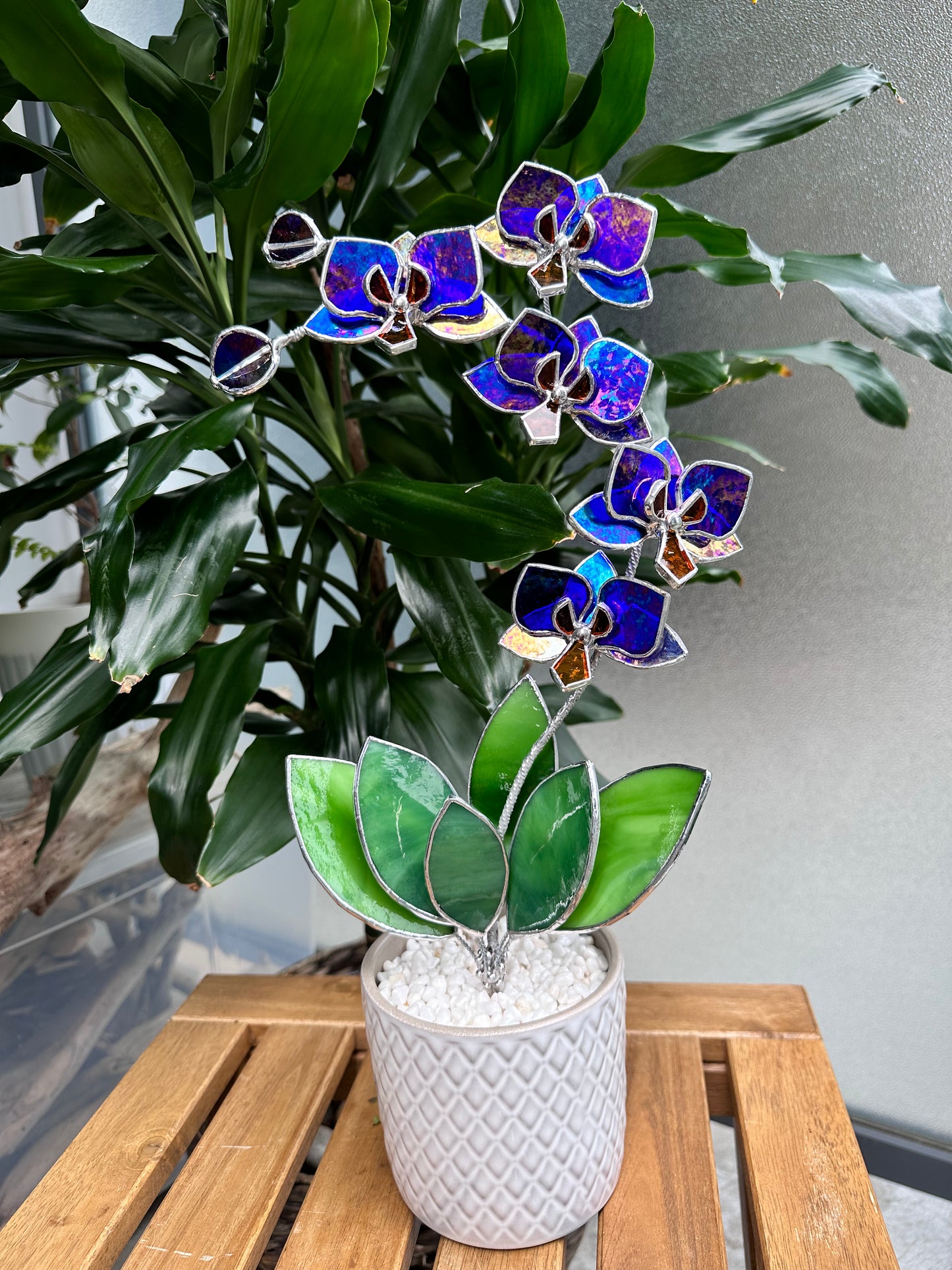 ". Amethyst luminescent Orchid 5 flowers with pot" Stained glass tropical flower 3D, Sun catcher, Table plant, Garden stick, wedding decor, Christmas gift