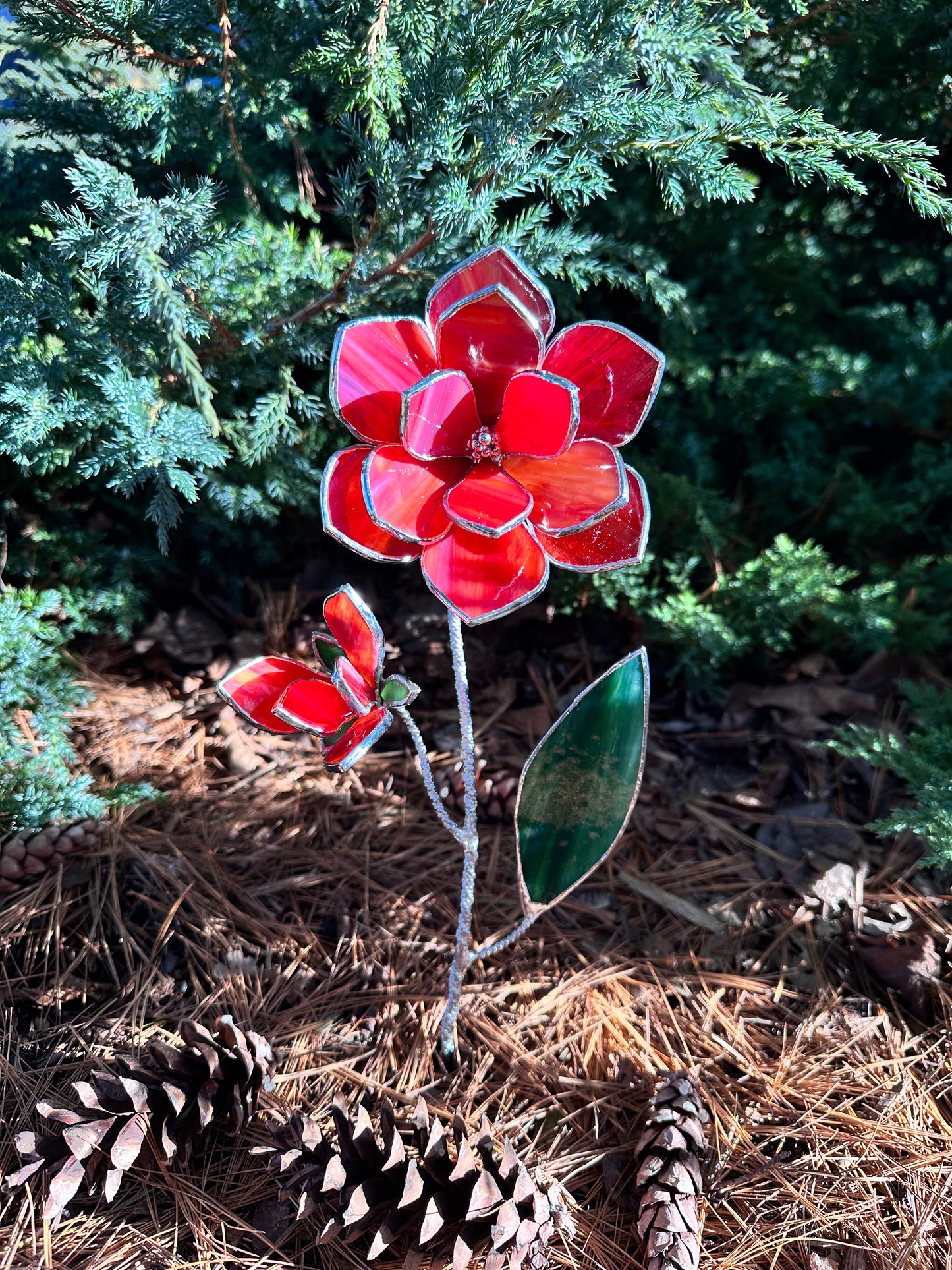 ".Magnolia Bright Red & Amber with bud" Stained glass tropical flower Suncatcher Iridescent 3D, Table plant cactus decor, Home Garden stake, Mother’s Day gift, Outdoor and gardening, pot