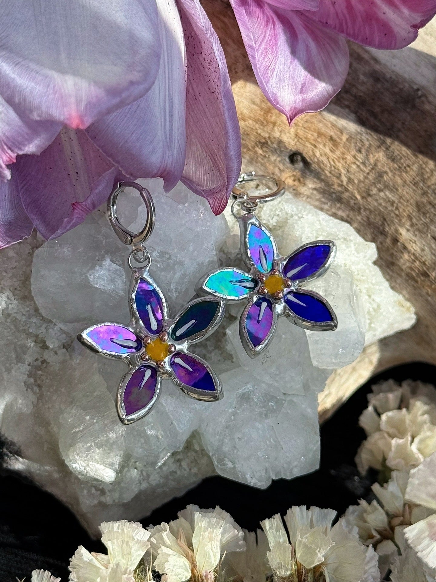 .Forget Me Not Earrings Indigo Luminescent Handcrafted Stained glass Botanical Art Jewelry