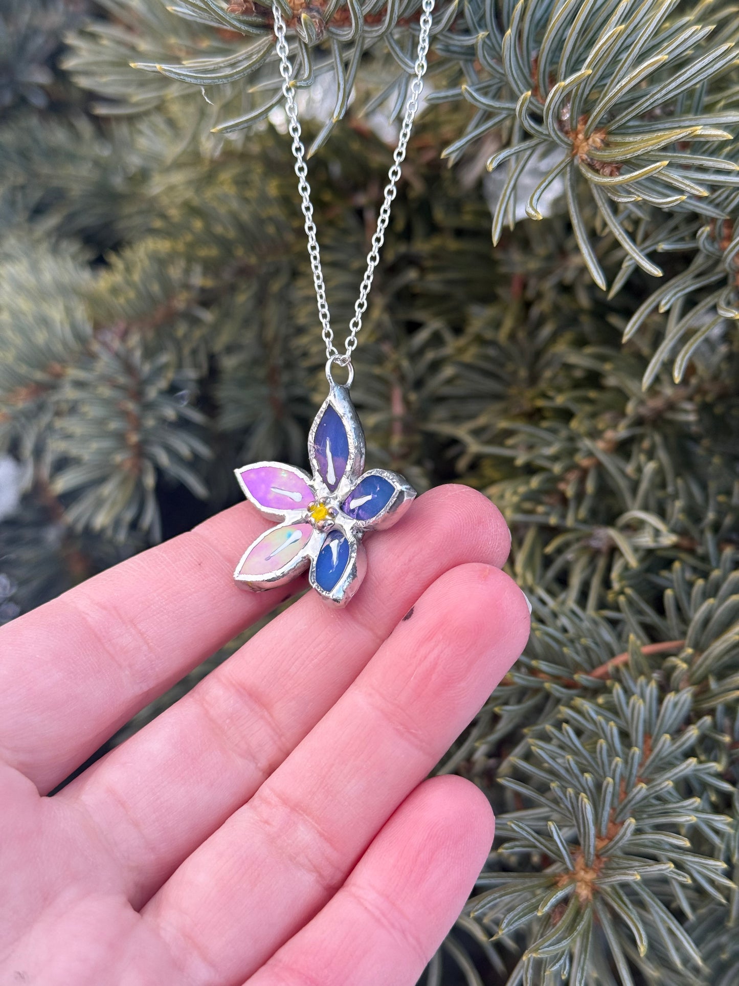 " . Necklace Forget Me Not flower Blue luminescent Stained glass, Modern art, jewelry