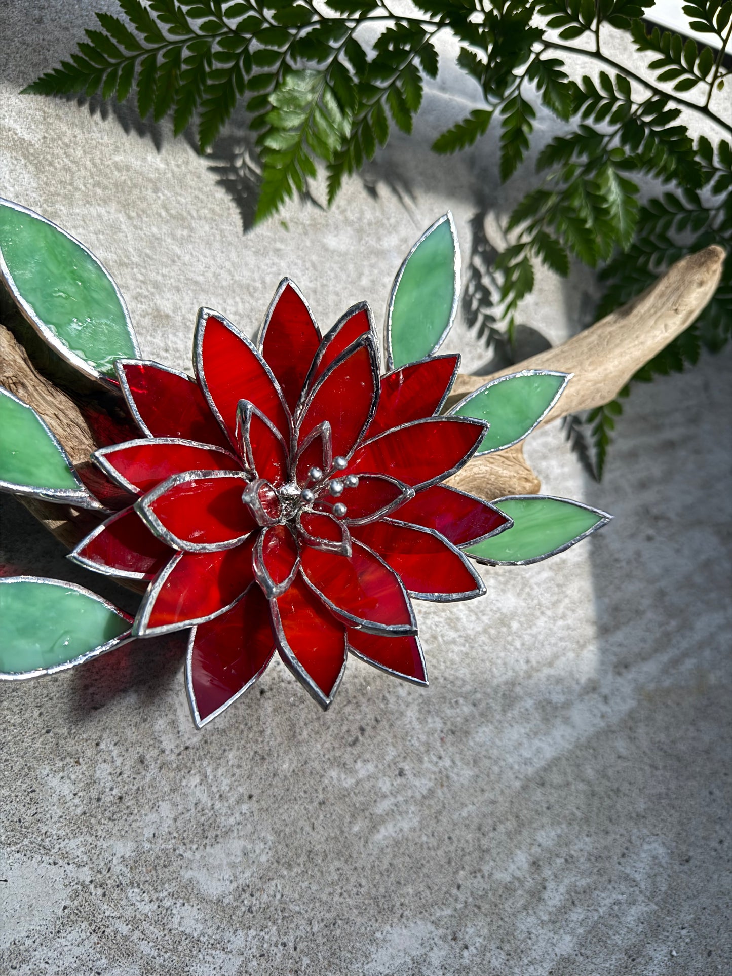 .Fire Flower Stained Glass Driftwood Wall Decor Suncatcher