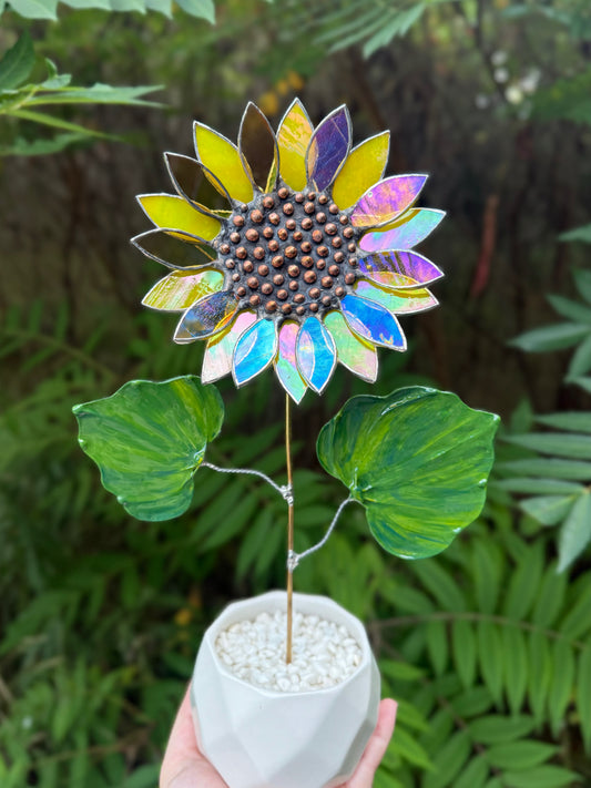 Amber Irid & Lemon Yellow Sunflower Artisan 3D Stained Glass Suncatcher, Table Decor new ready