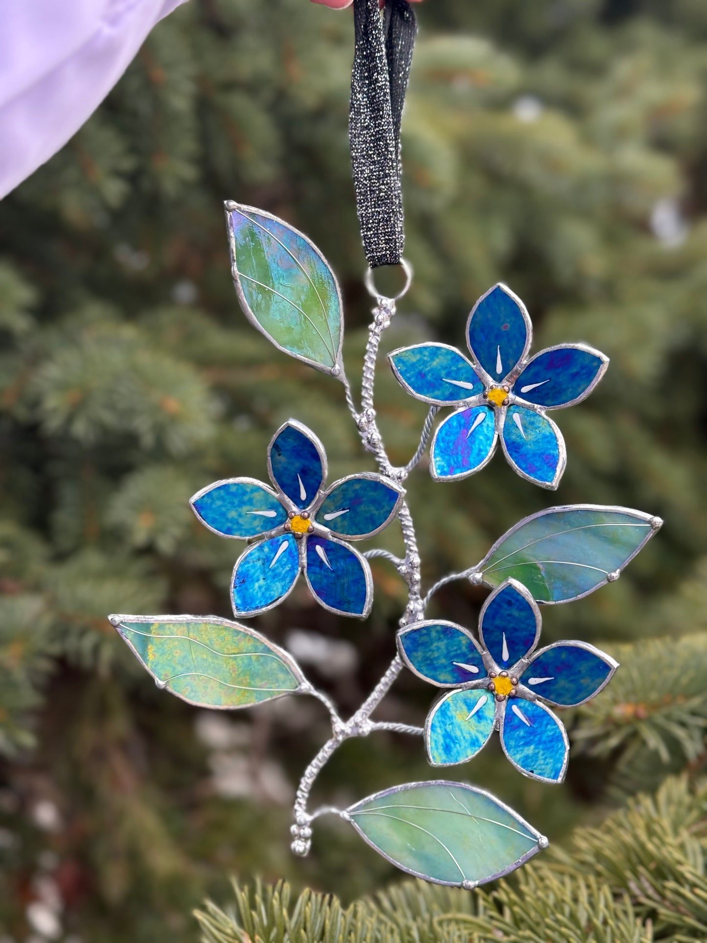 "  . Forget me not flower Indigo iridescent Wall Pendant, Stained glass, Walldecoration, Suncatcher