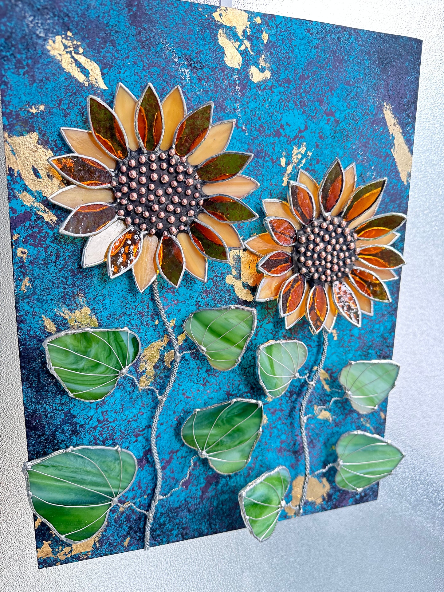 ".Acrylic painting with stained glass 3D flowers  Midnight Sunflowers" wall decor Art, Wedding, Christmas, gift  Succulents