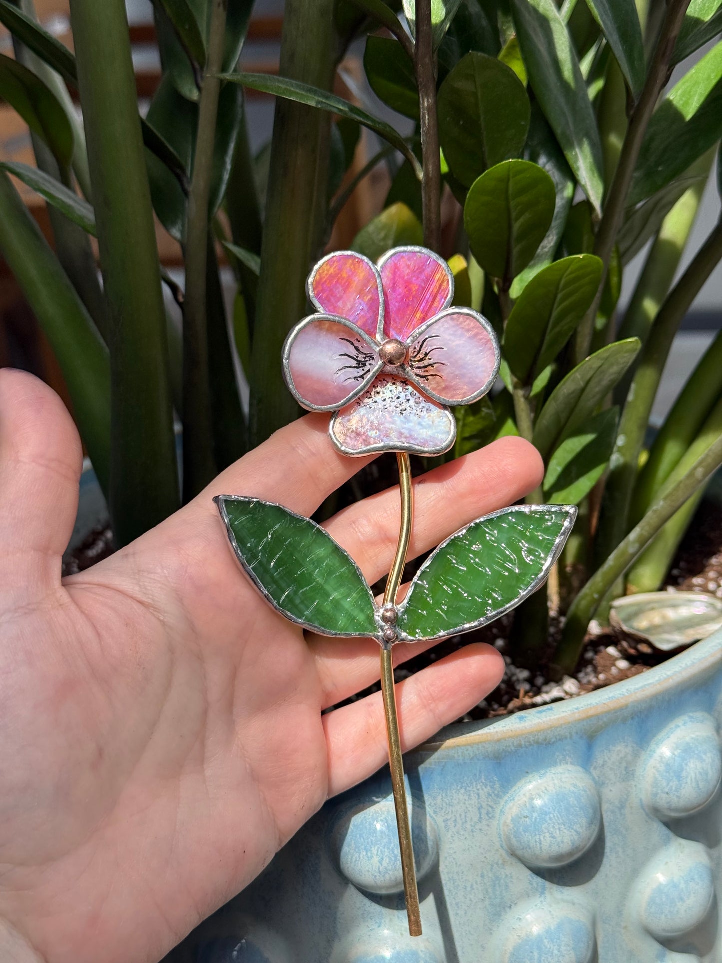 CHOOSE COLOR Pansy Flower Stake for a Plant Pot Stained Glass Handmade