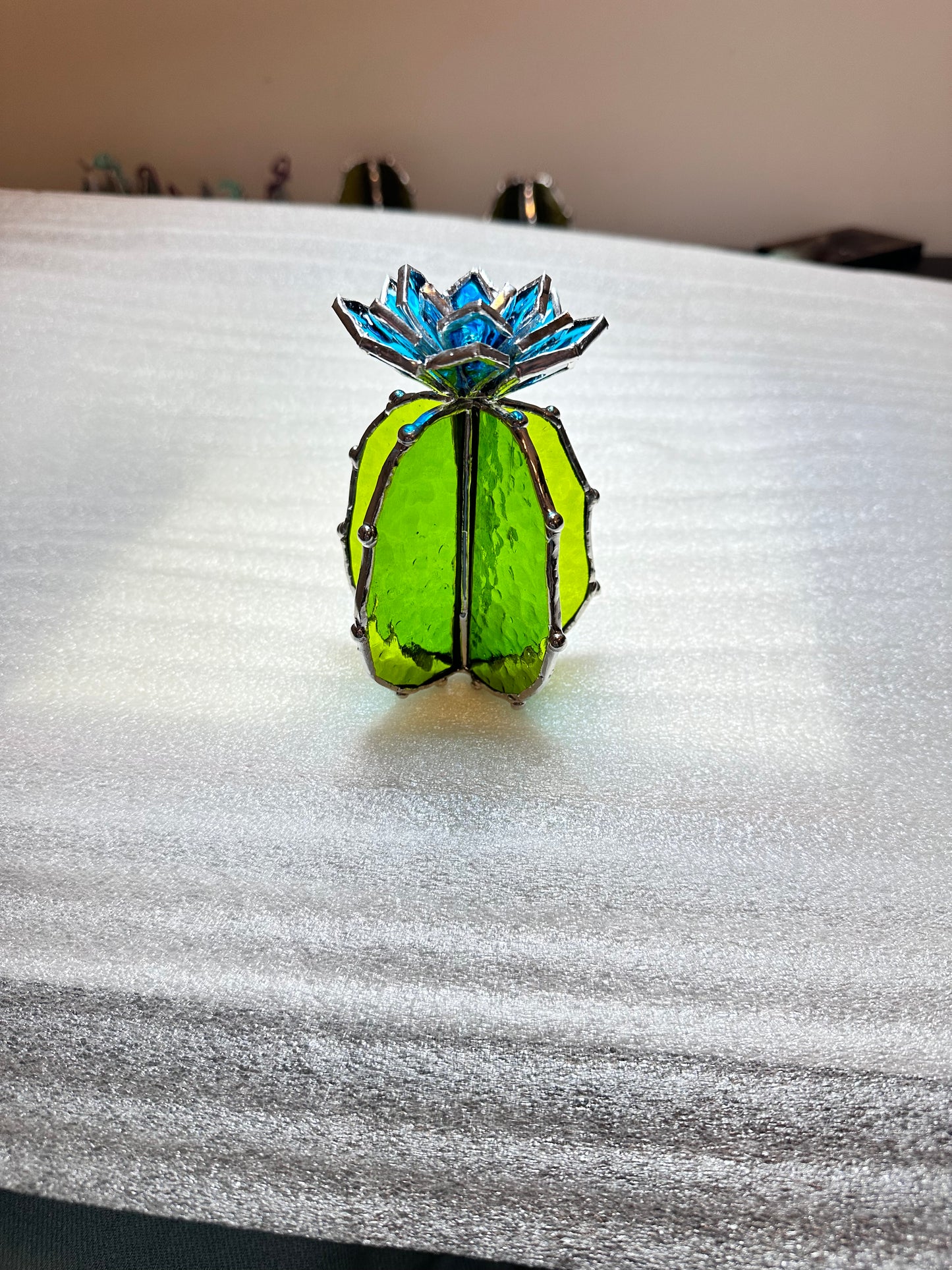 "Cactus XL Blue Green Ribbed Transparent ", Stained glass, Succulent 3D Cacti house plant for flower pot Sun catcher glass art wedding