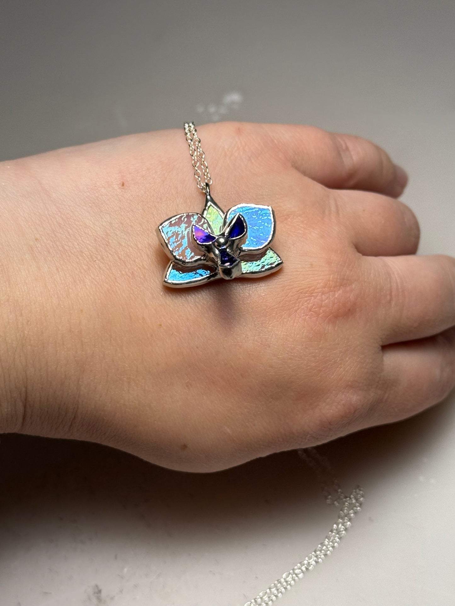 Orchid Stained Glass Necklace White Pearl, Handmade Botanical Jewelry