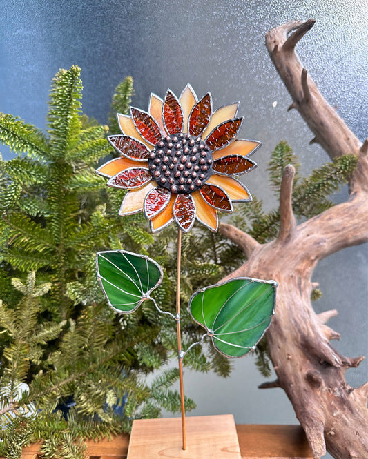 ".Sunflower Dark Amber", stained glass tropical flower 3D, Sun catcher, Table plant decor, Garden stake, Outdoor and gardening, wedding Christmas gift