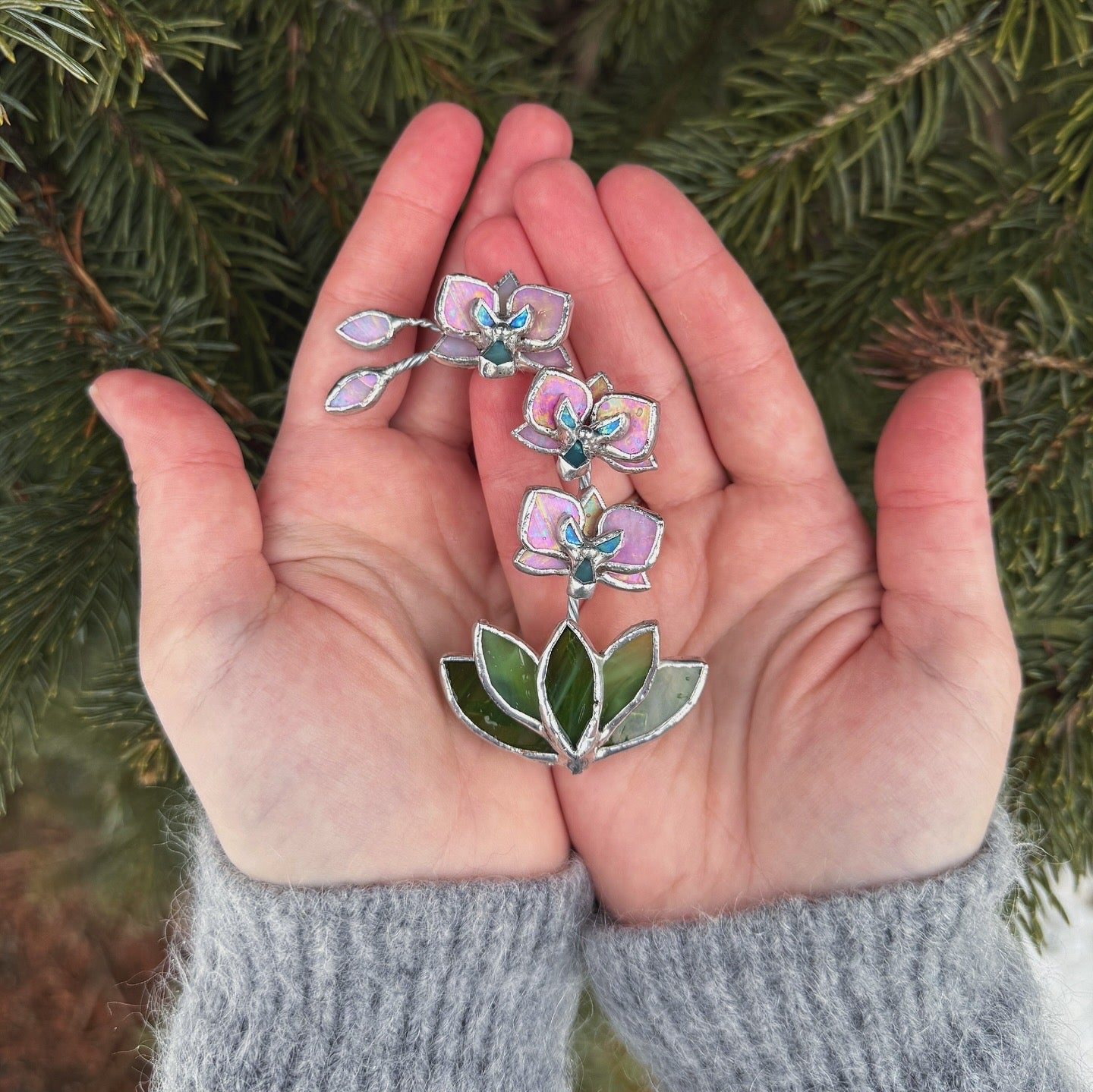 " . Brooch Orchid pale pink iridescent” Stained glass tropical flower 3D