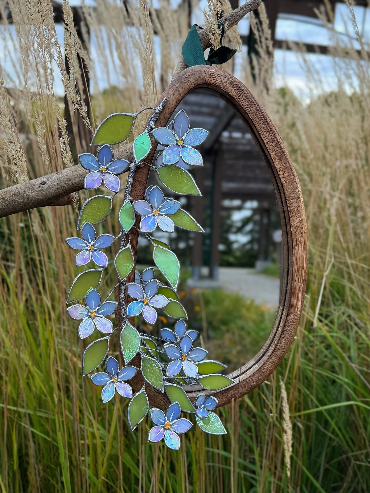 Forget Me Not iridescent Stained glass Flower Mirror, 3D Botanical Floral Wall Art ready new
