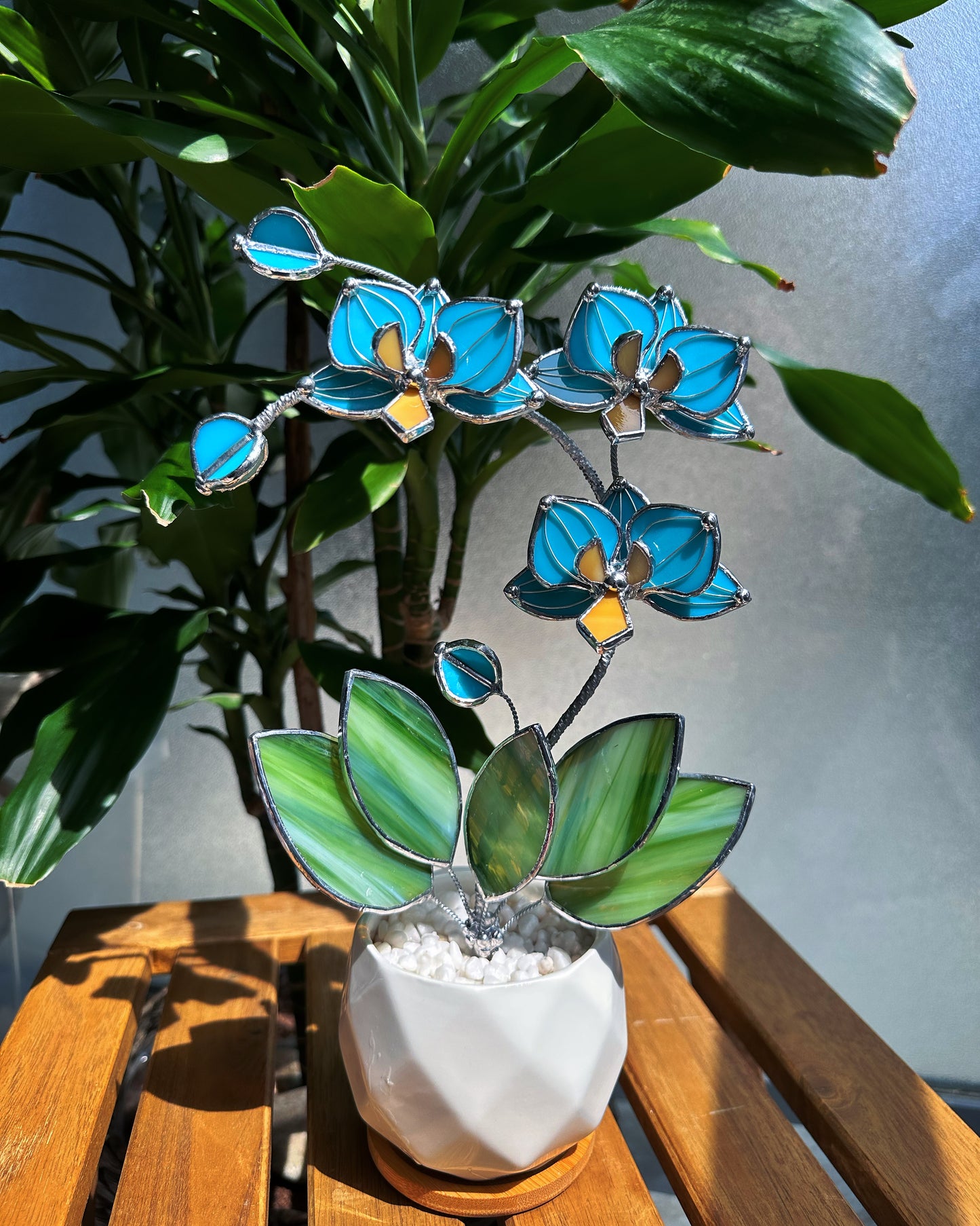 " . Tiffany turquoise Orchid 3 flowers with pot” Stained glass tropical flower 3D, Sun catcher, Table plant, Garden stick, Outdoor and gardening decor, available