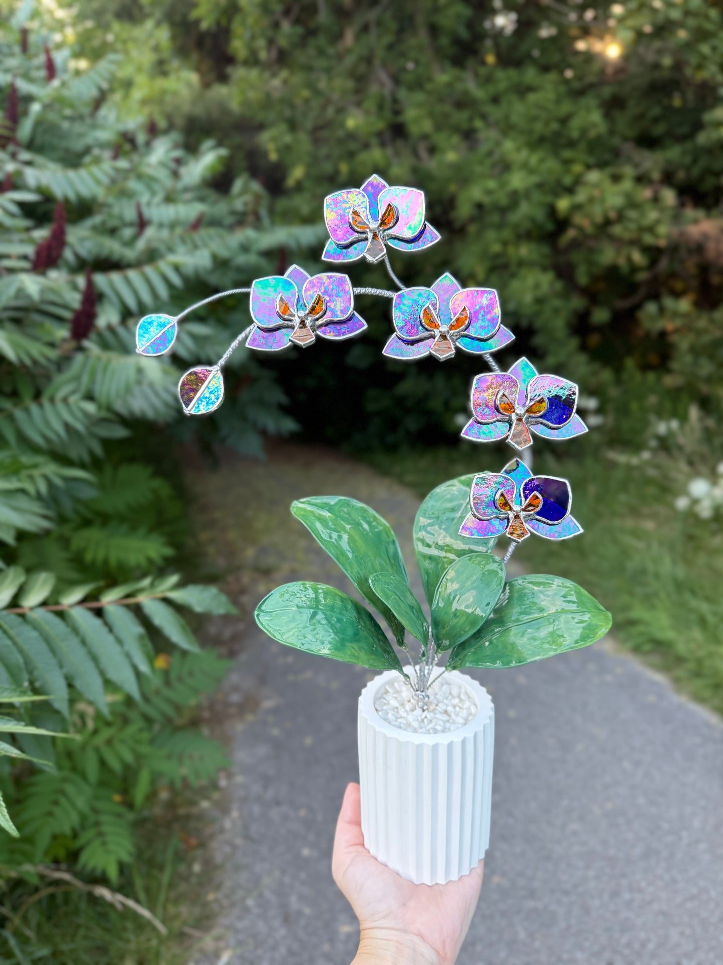 .Amethyst indigo Orchid, WITH RESIN LEAVES, 5 Flowers, Handmade Stained Glass Botanical Art Decor