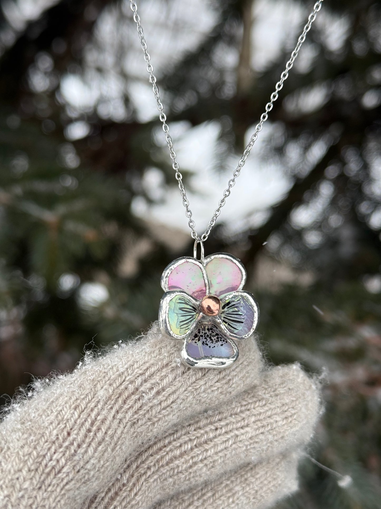 " . Pansy Pink irid & White irid Necklace” Stained glass tropical flower 3D, art jewelry