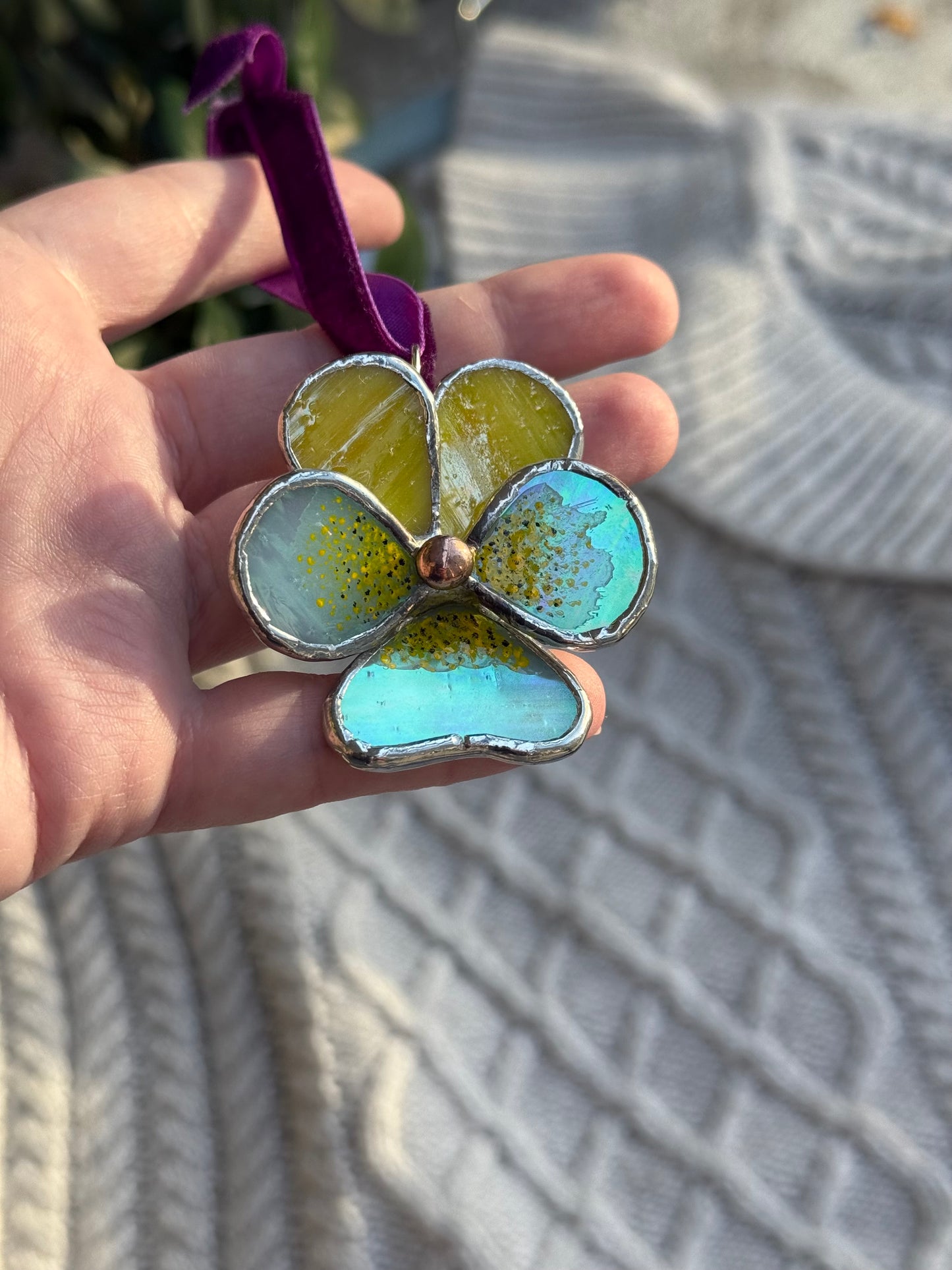 " . Pansy flower Yellow & L.blue irid with pattern, Stained glass Decorative ORNAMENT, Christmas decoration, Suncatcher