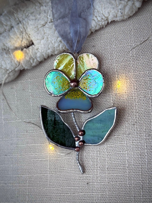 " . Pansy flower with leaves Yellow & sky blue irid , Stained glass Decorative ORNAMENT, Christmas decoration, Suncatcher