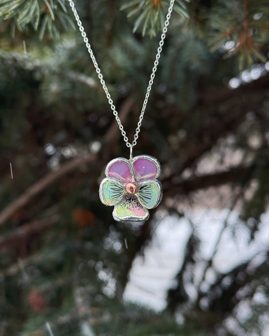 " . Pansy Pink irid & White irid Necklace” Stained glass tropical flower 3D, art jewelry