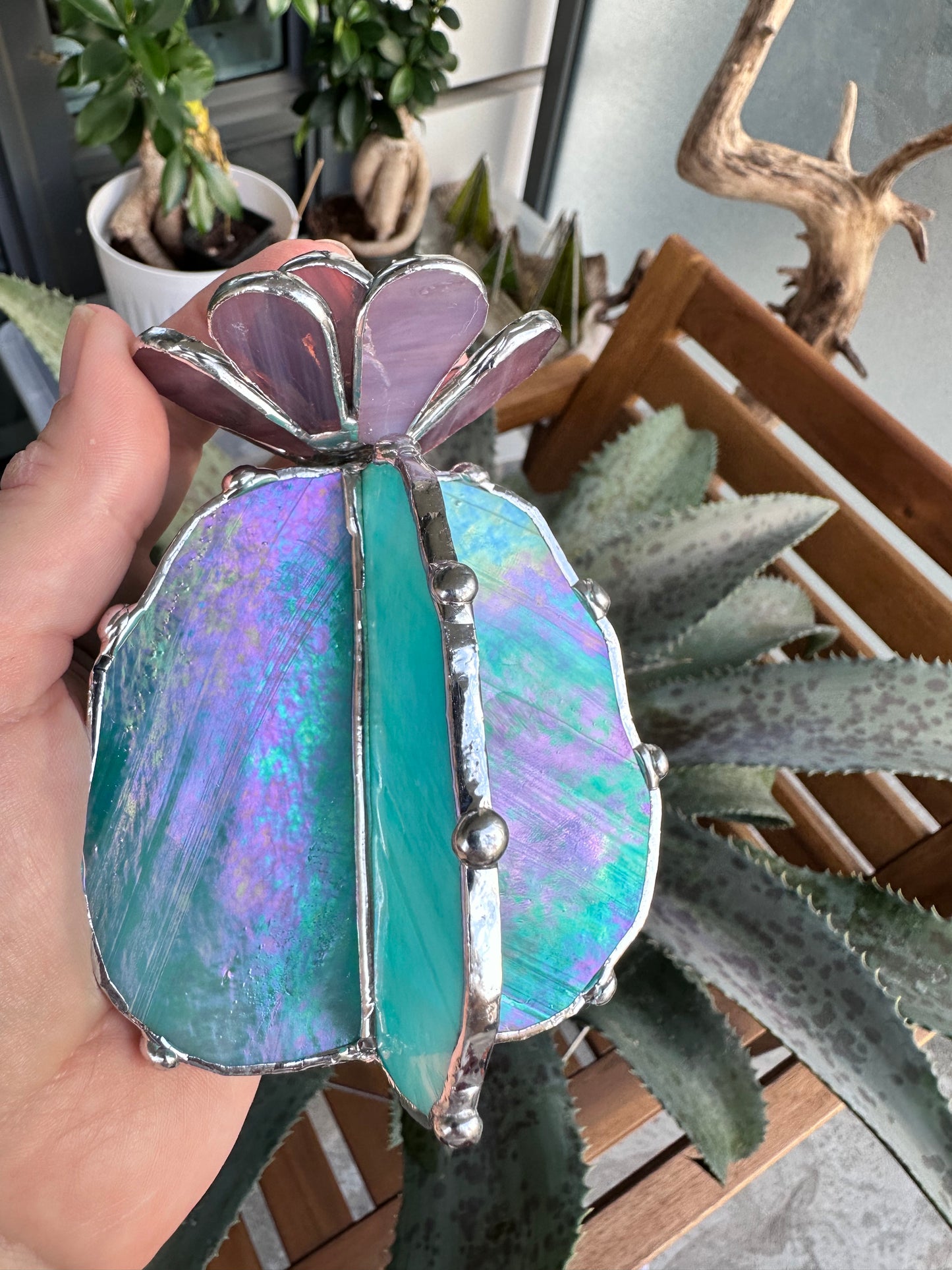 "Cactus XL Purple Turquoise Iridescent", Stained glass Succulent 3D, Cacti, house plant for flower pot, Sun catcher, glass art