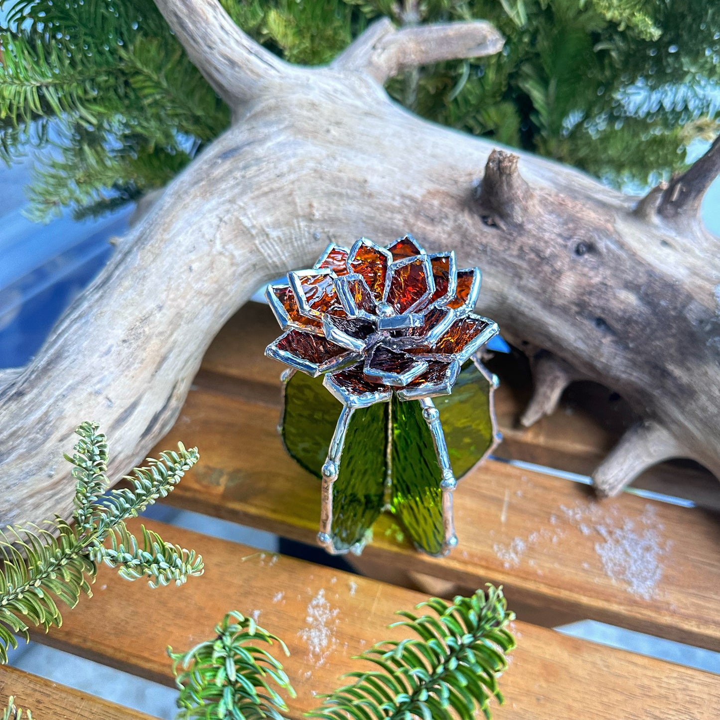 "Cactus XL Amber & Moss Green Stained glass Succulent 3D Cacti house plant for flower pot Sun catcher glass art wedding