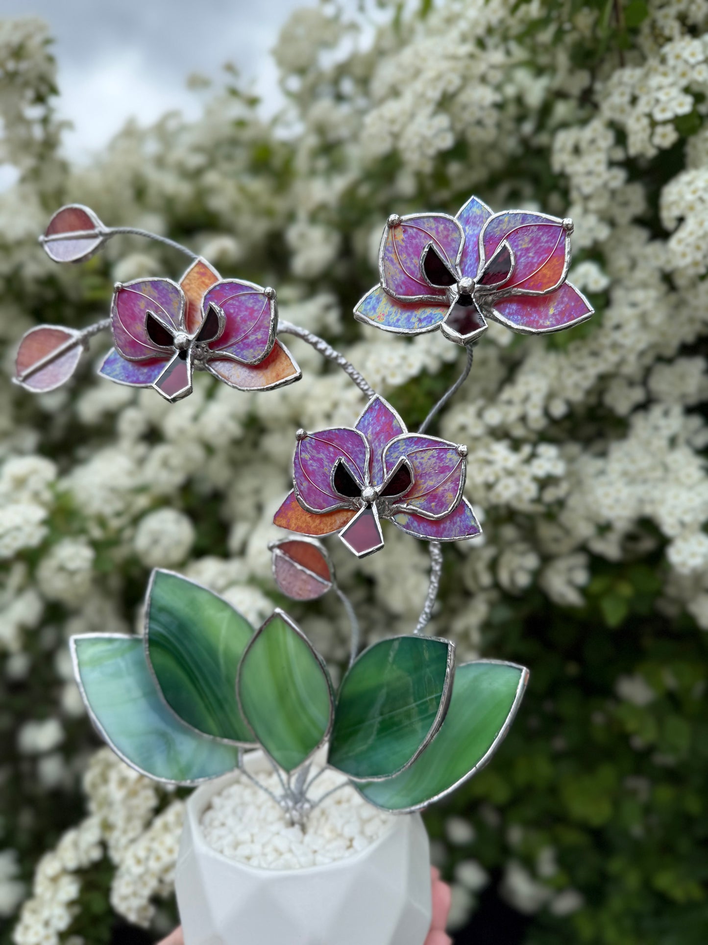 " . Berry red iridescent Orchid 3 flowers with pot” Stained glass tropical flower 3D, Sun catcher, Table plant, Garden stick, Outdoor and gardening decor available new