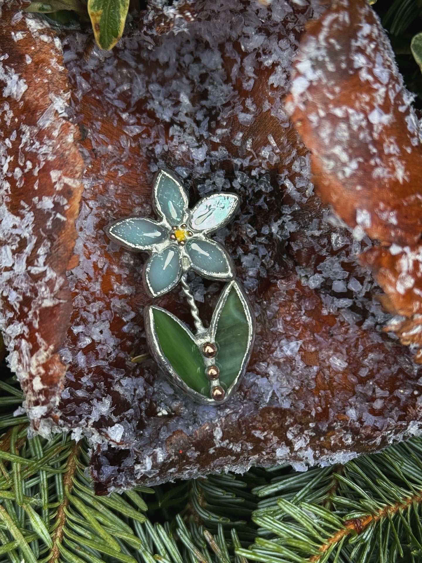 Forget me not Blue Brooch Stained Glass Flower Pin, Modern Art Jewelry statement ready