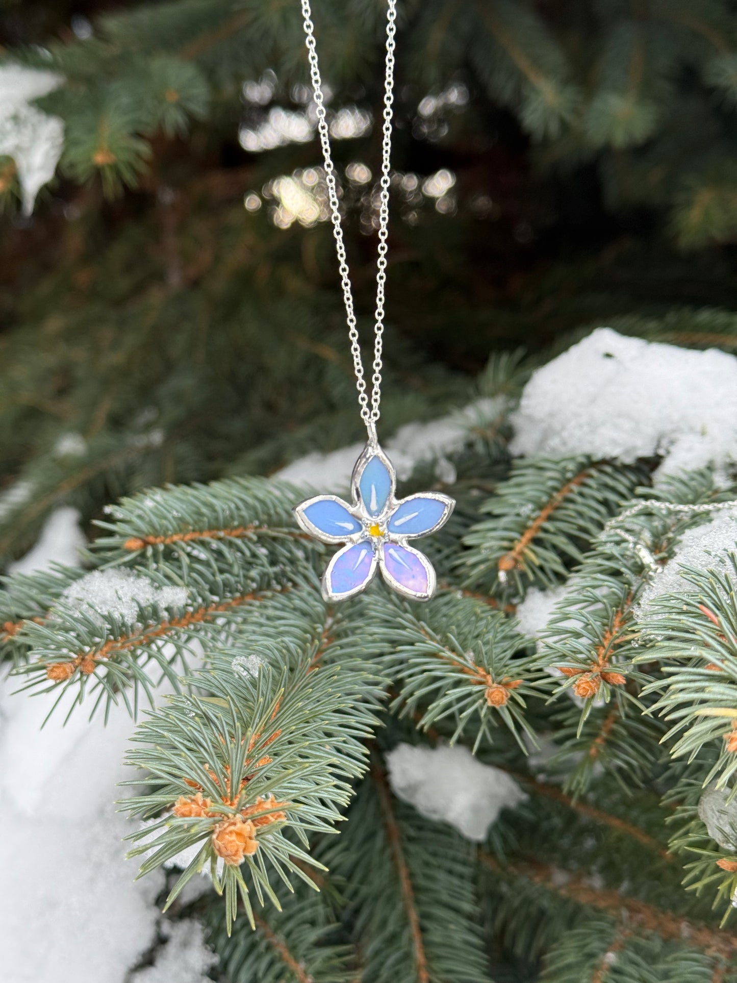 " . Necklace Stained glass Forget Me Not flower Sky Blue iridescent, Modern art, jewelry