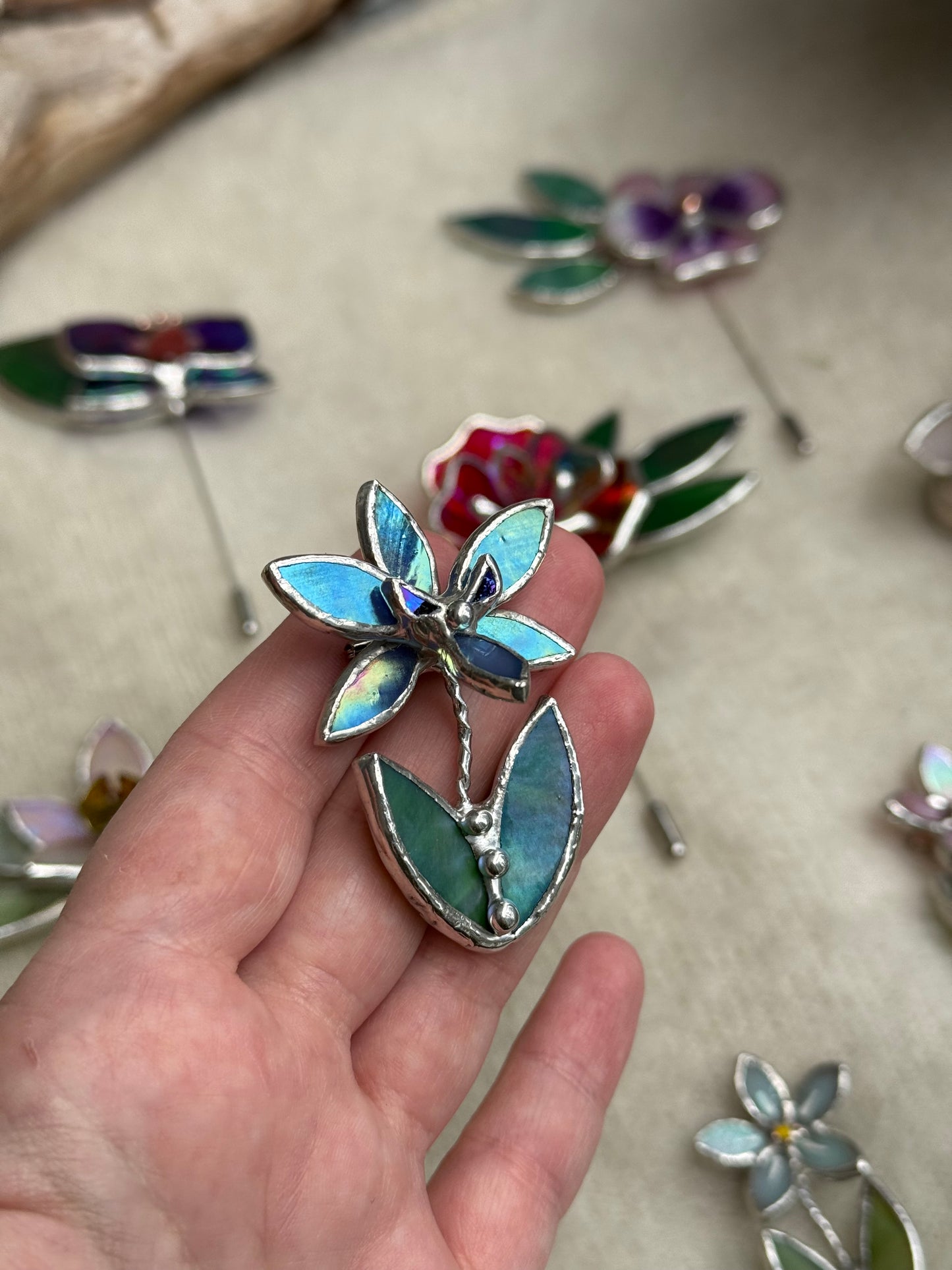 Orchid Blue lumi Brooch Stained Glass Floral Pin, Modern Art Jewelry statement ready new