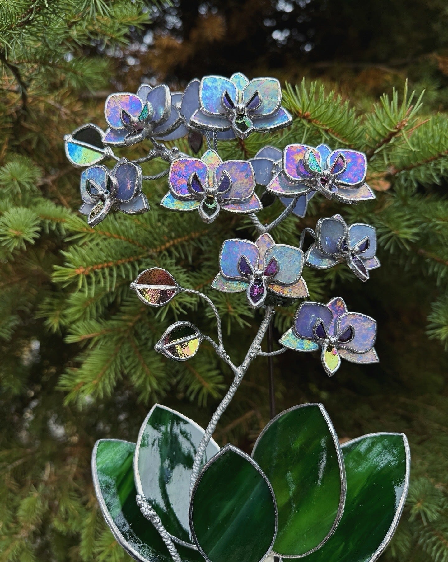 "  . Stained glass Orchid Lavender iridescent, double sided, 10 flowers with pot”, Stained glass tropical flower 3D, Suncatcher, Table plant decor
