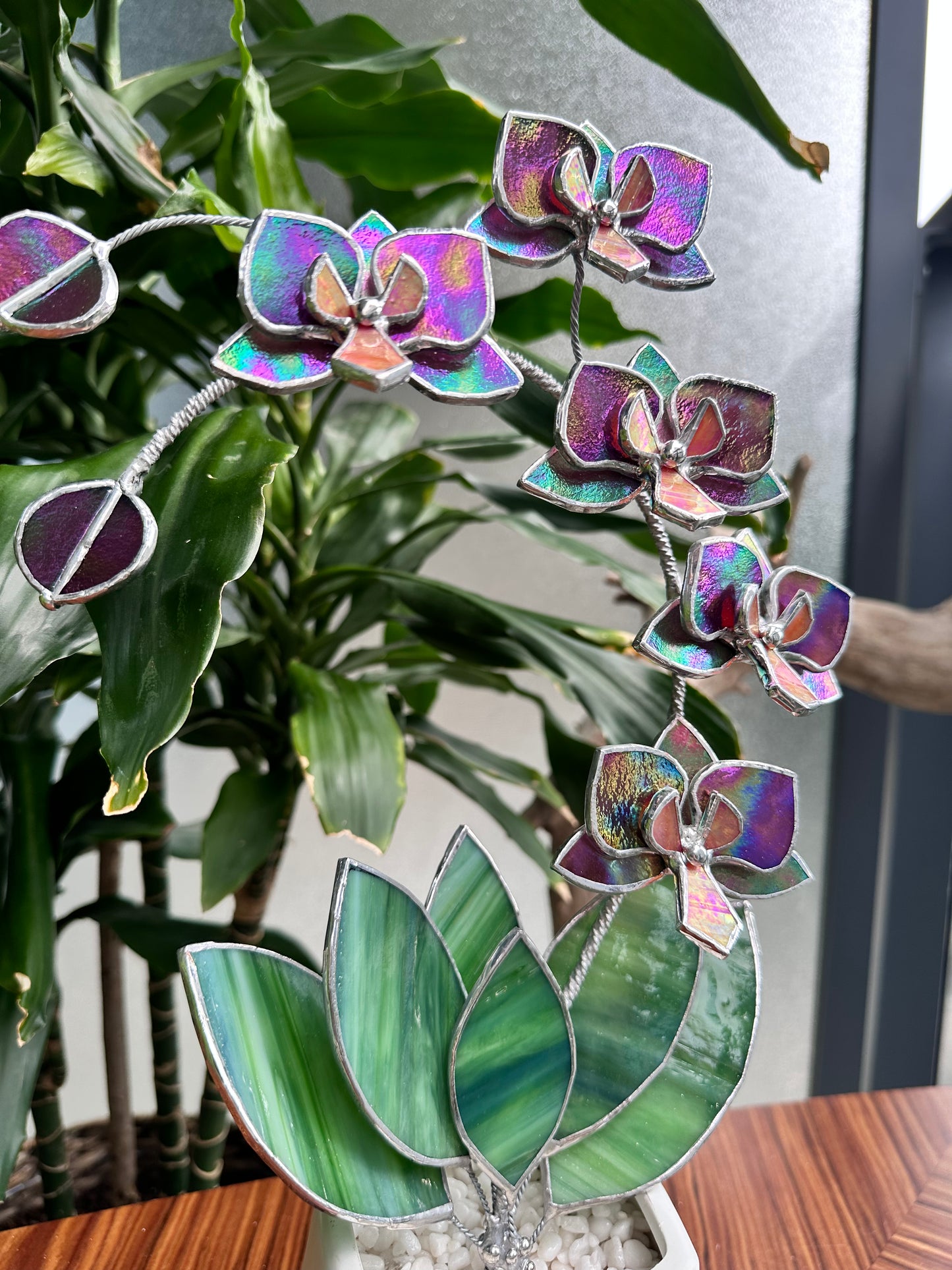 " . Mauve iridescent Orchid 5 flowers with pot" Stained glass tropical flower 3D, Sun catcher, Table plant, Garden stick, wedding decor, Christmas gift, available