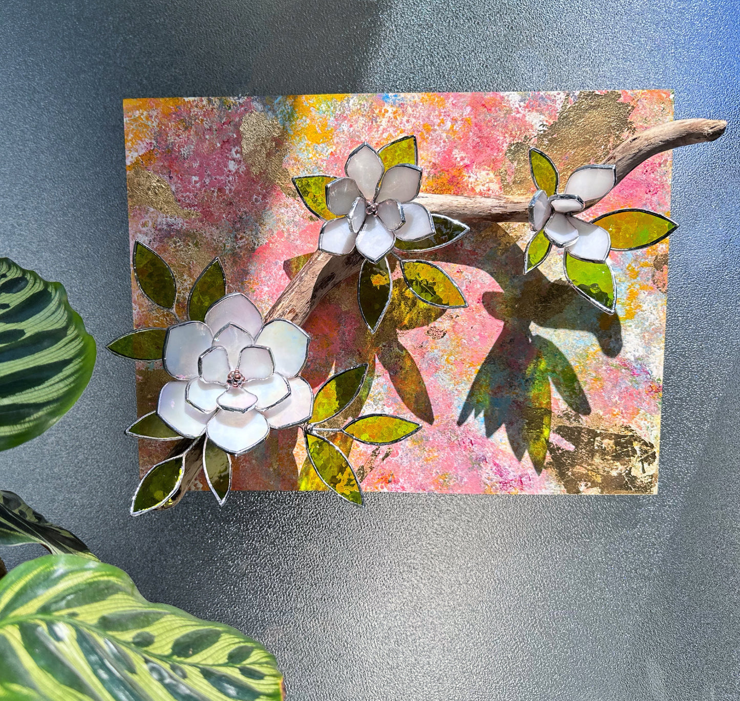 ". Acrylic painting ‘Spring Magnolia’ with stained glass 3D flowers, Wall decor, Wedding, Christmas gift, available