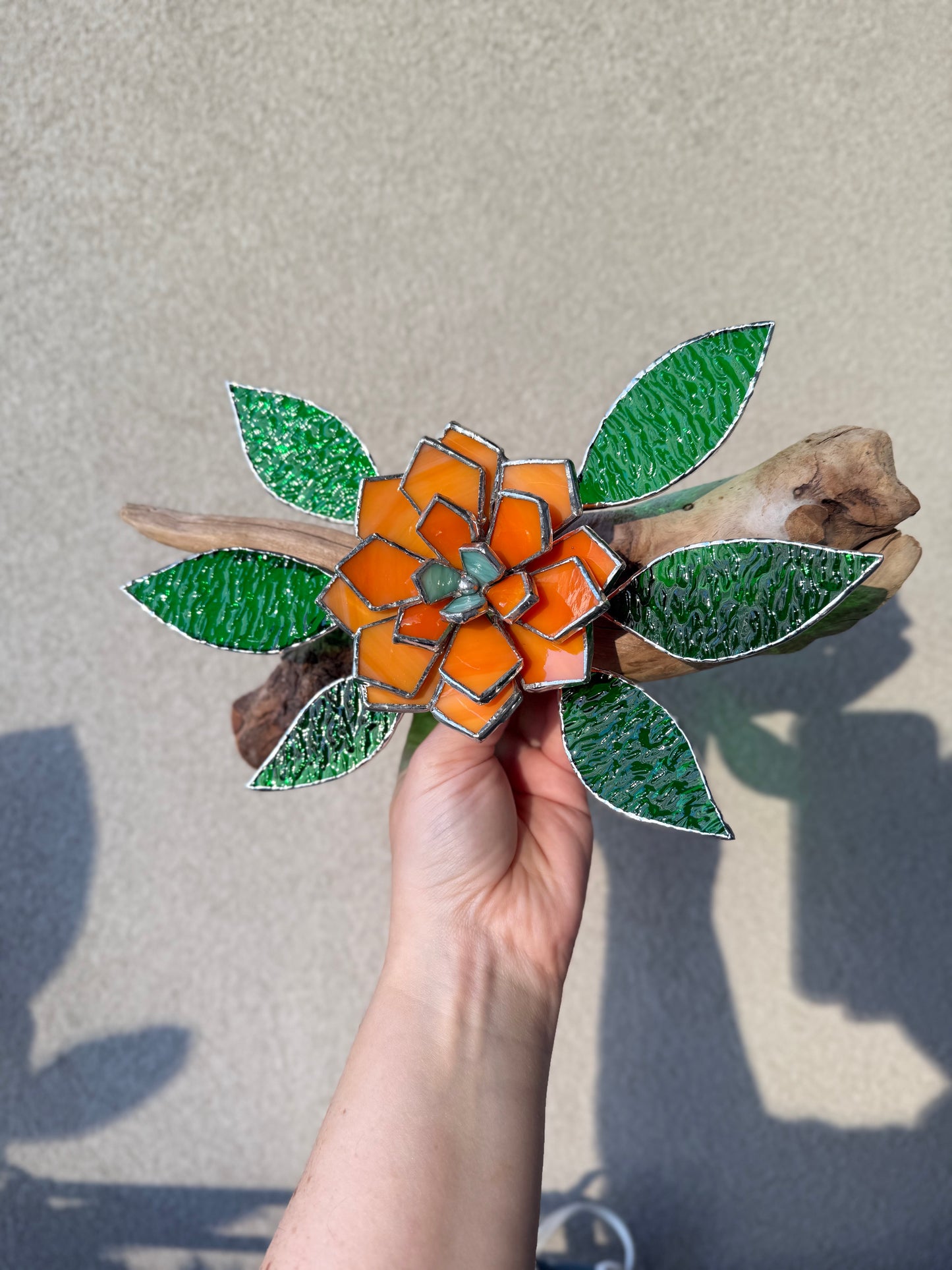 .Tropical flower Stained Glass Driftwood Wall Decor Suncatcher