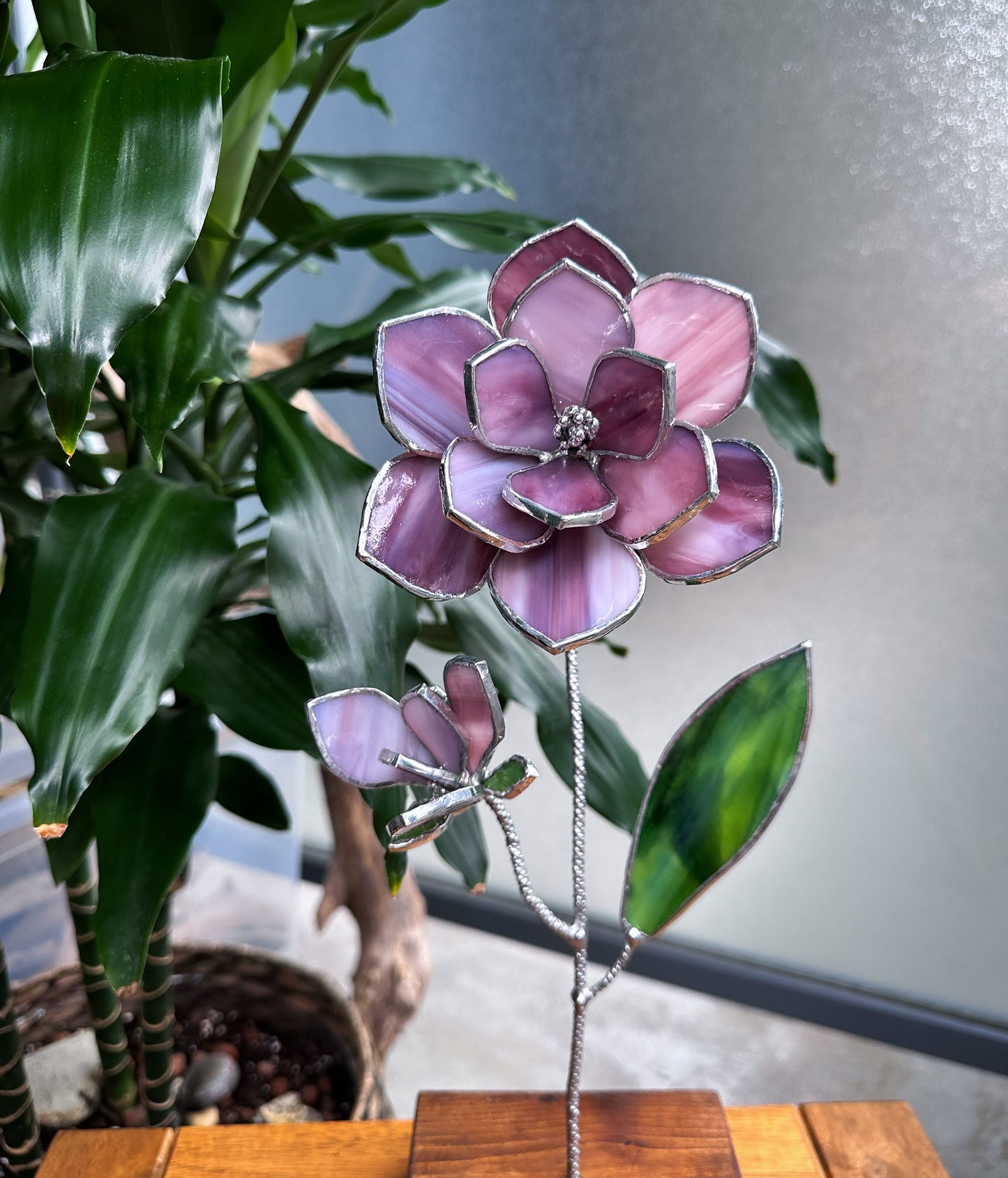 ". Magnolia Pink-Purple flower with a bud" Stained glass tropical 3D, Sun catcher, Table plant decor, Garden stake, wedding decor, Christmas gift