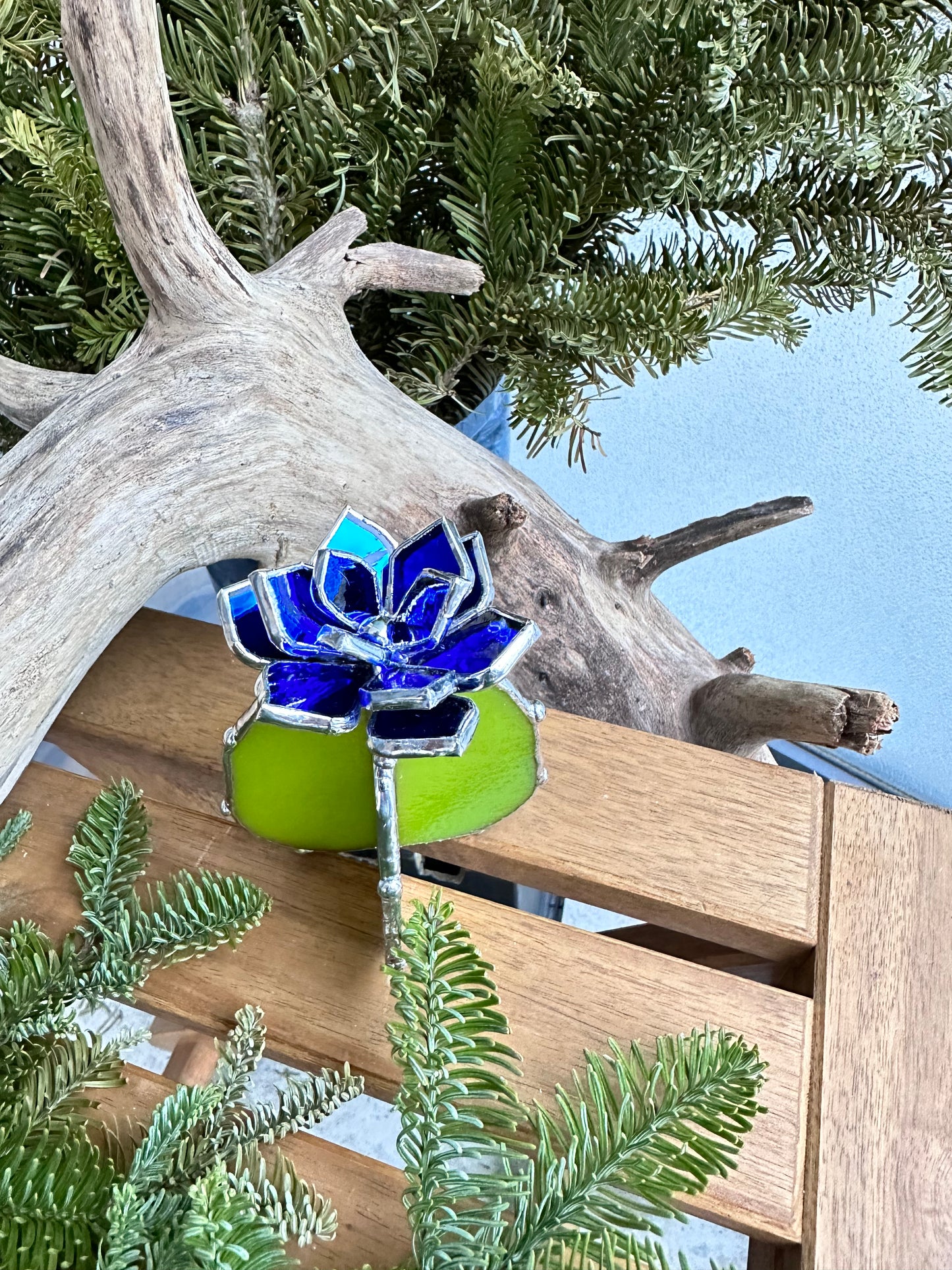 "Cactus XL Silvercoat Neon Blue & Green Iridescent", Stained glass, Succulent 3D Cacti house plant for flower pot Sun catcher glass art wedding