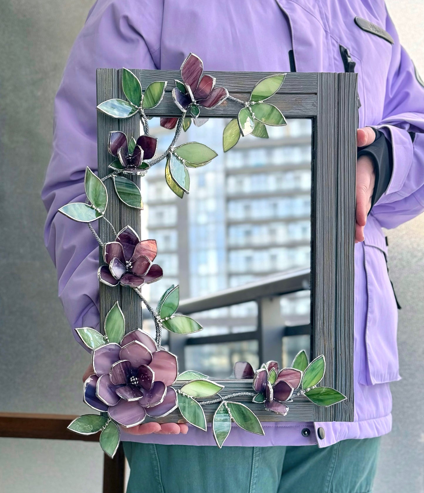 Dusty Rose Magnolia Mirror Stained Glass Wall Art Handmade Decor