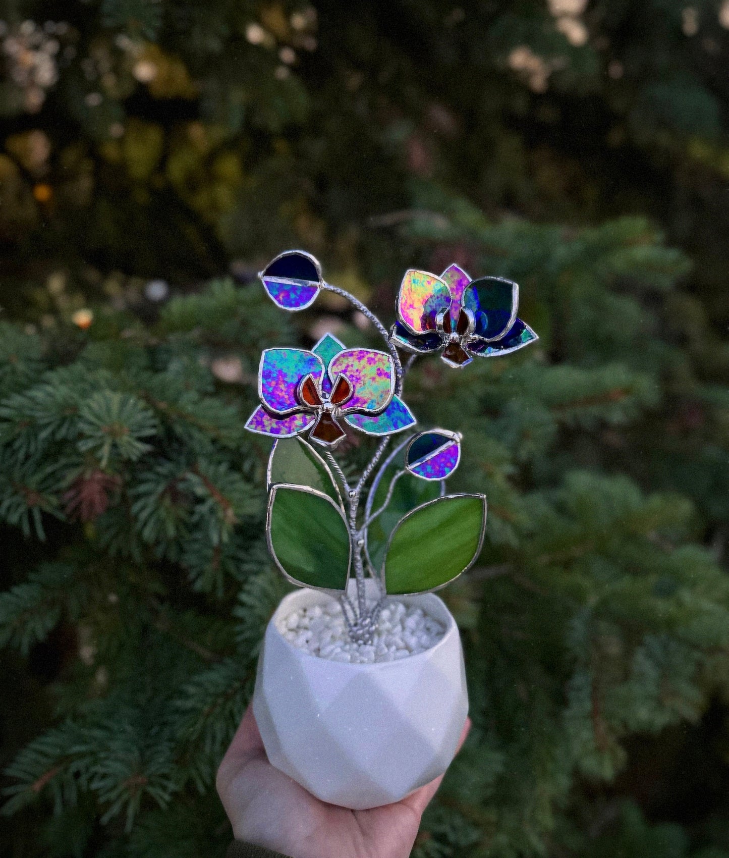 " . Indigo iridescent Orchid 2 flowers with pot” Stained glass tropical flower 3D, Sun catcher, Table plant decor, Garden stick, Outdoor and gardening decor