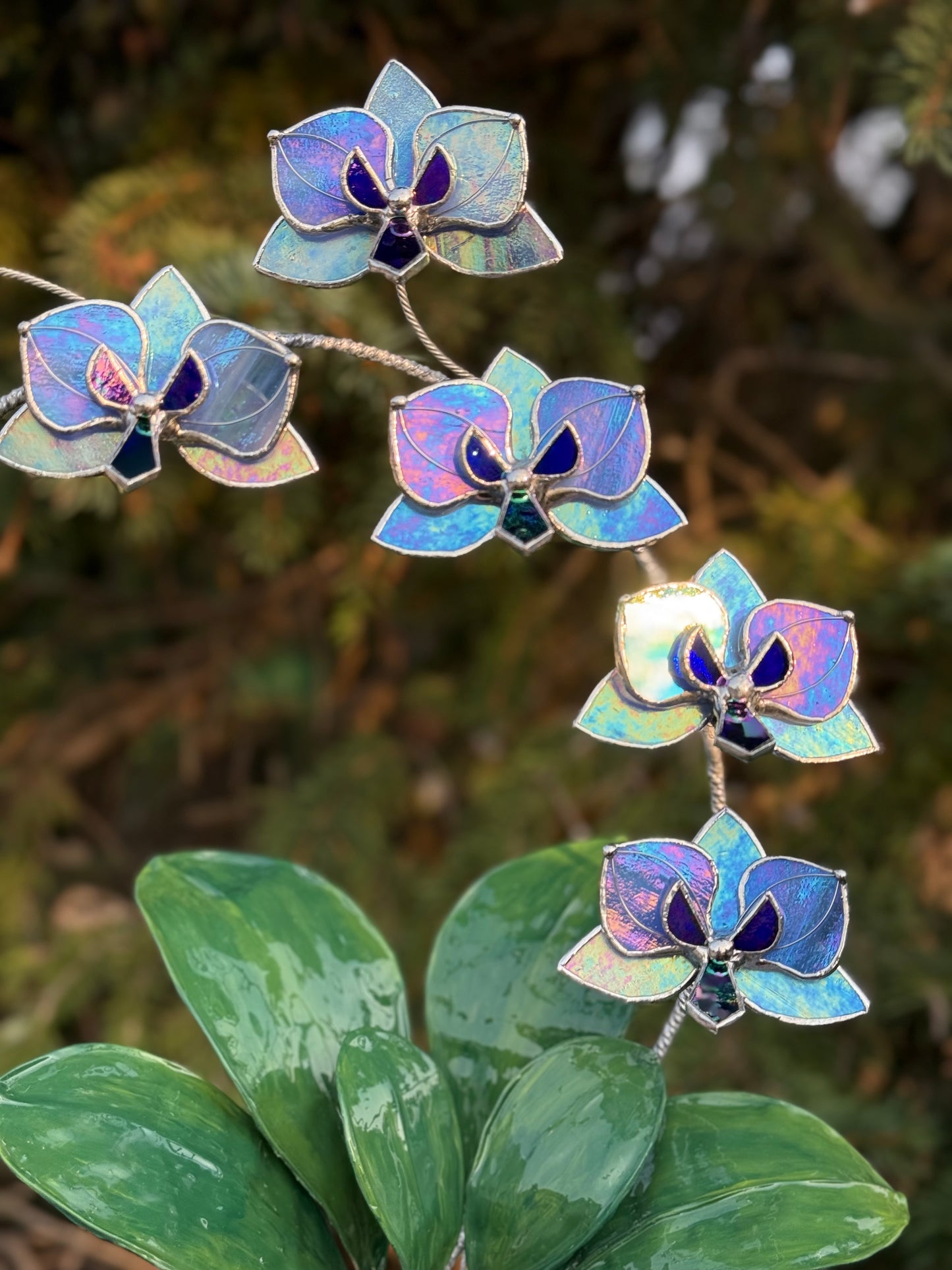 .Blue lavender Orchid, WITH RESIN LEAVES, 5 Flowers, Handmade Stained Glass Botanical Art Decor