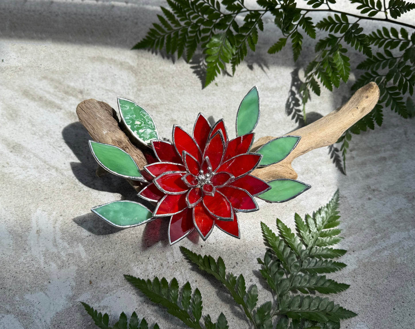 .Fire Flower Stained Glass Driftwood Wall Decor Suncatcher