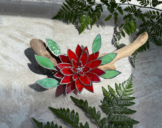 .Fire Flower Stained Glass Driftwood Wall Decor Suncatcher