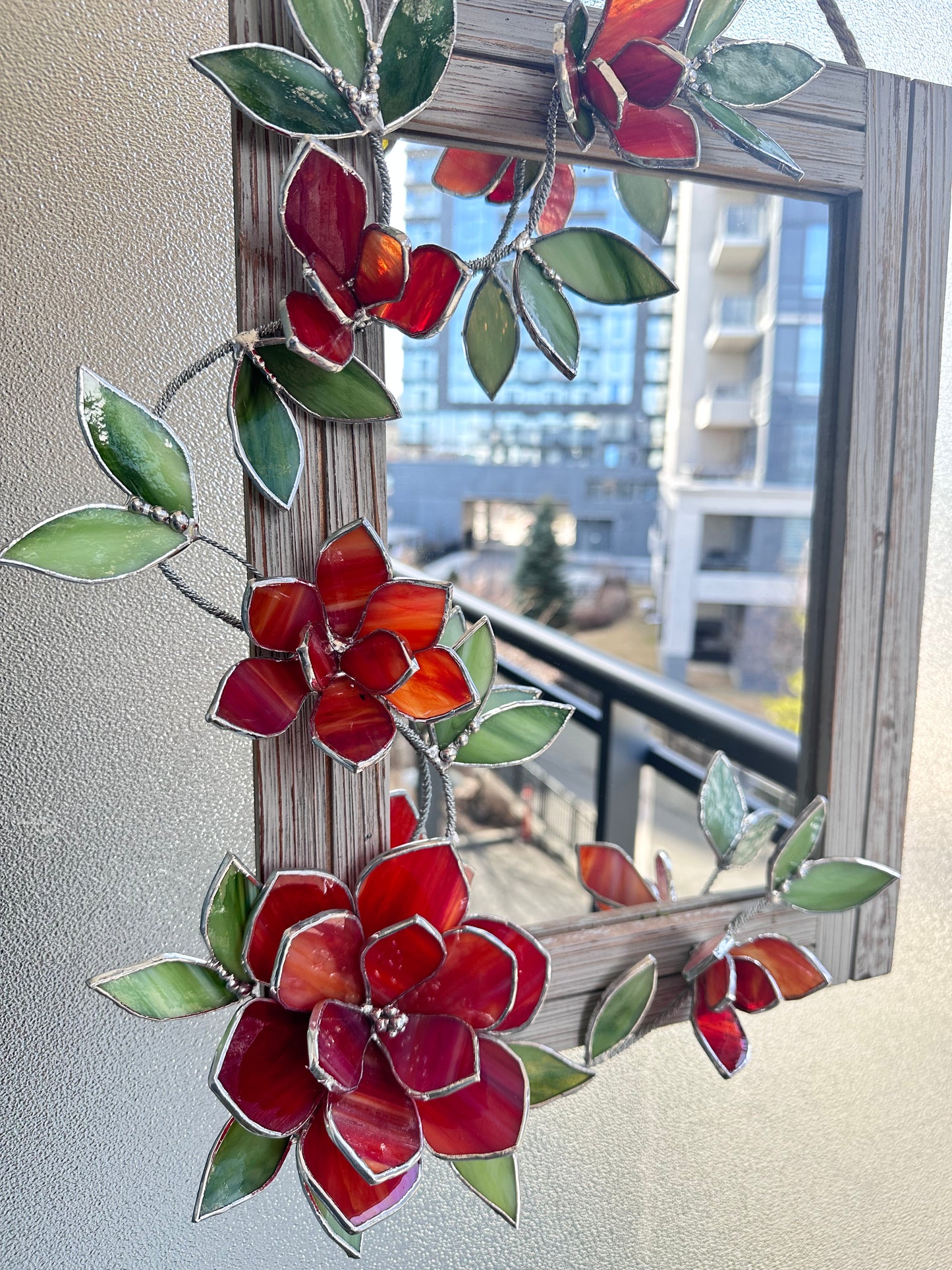 ".Stained glass flower Mirror Magnolia Red & Beige " Wedding Wall Decor, gift Everlasting flower, Suncatcher, Echeveria